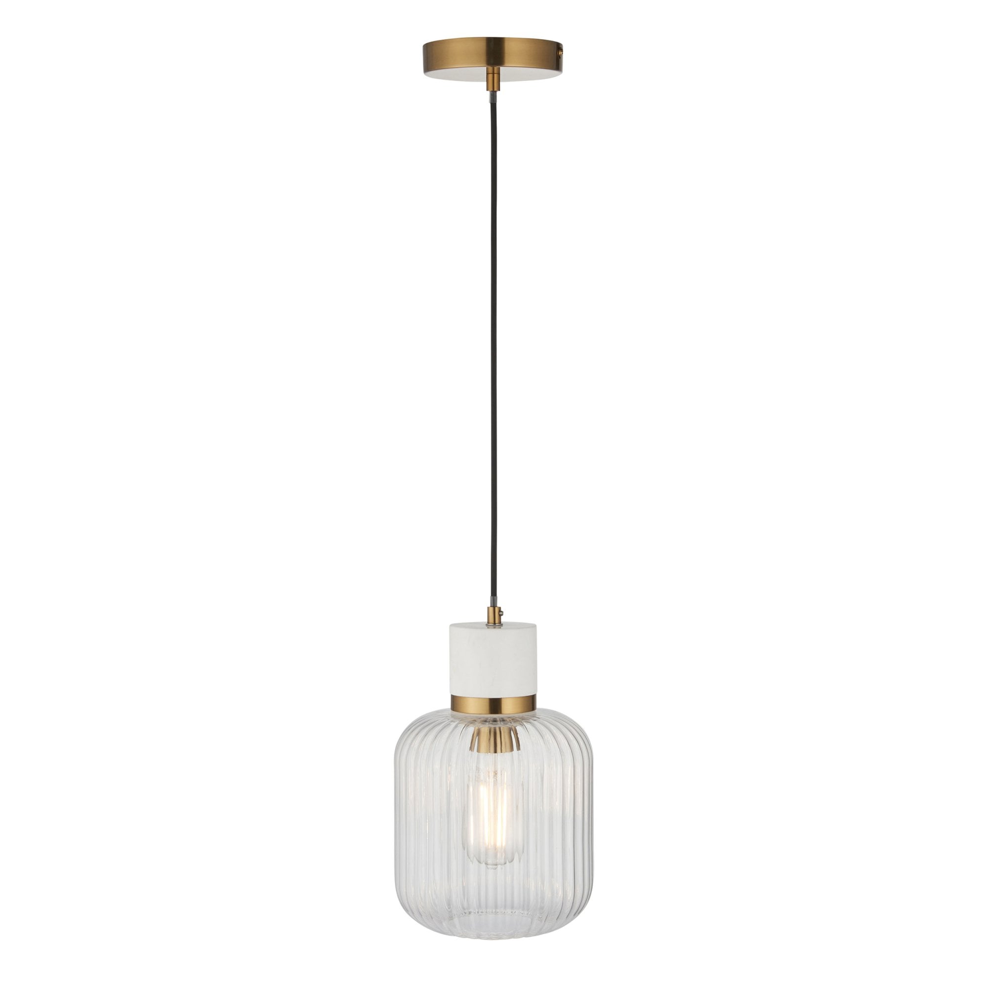 120667 Travi Ribbed Pendant White Volakas Marble, Vintage Brass & Clear Ribbed Glass
