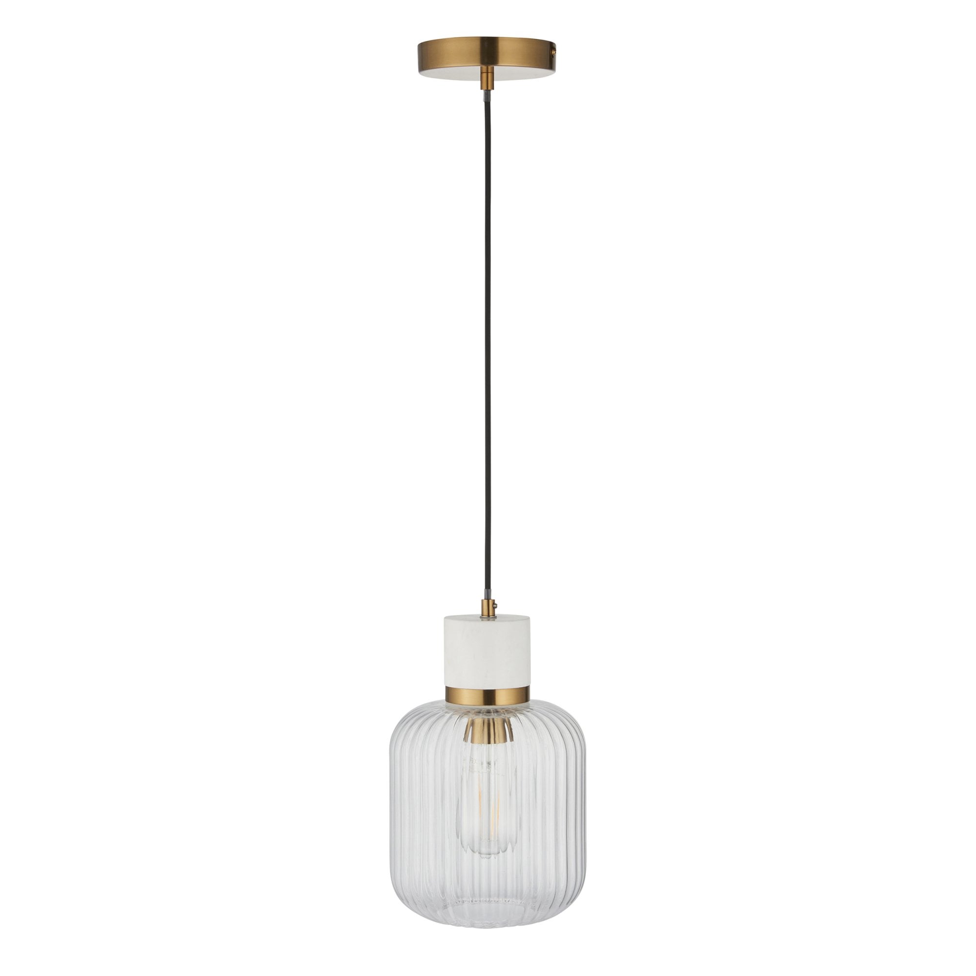 120667 Travi Ribbed Pendant White Volakas Marble, Vintage Brass & Clear Ribbed Glass