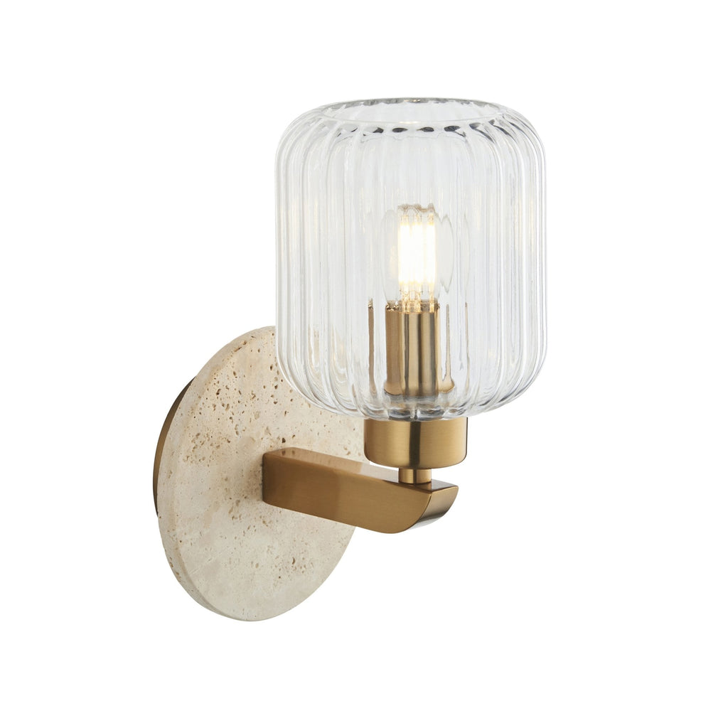 120668 Travi Ribbed Wall Light Beige Textured Marble, Vintage Brass & Clear Ribbed Glass