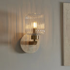 120668 Travi Ribbed Wall Light Beige Textured Marble, Vintage Brass & Clear Ribbed Glass