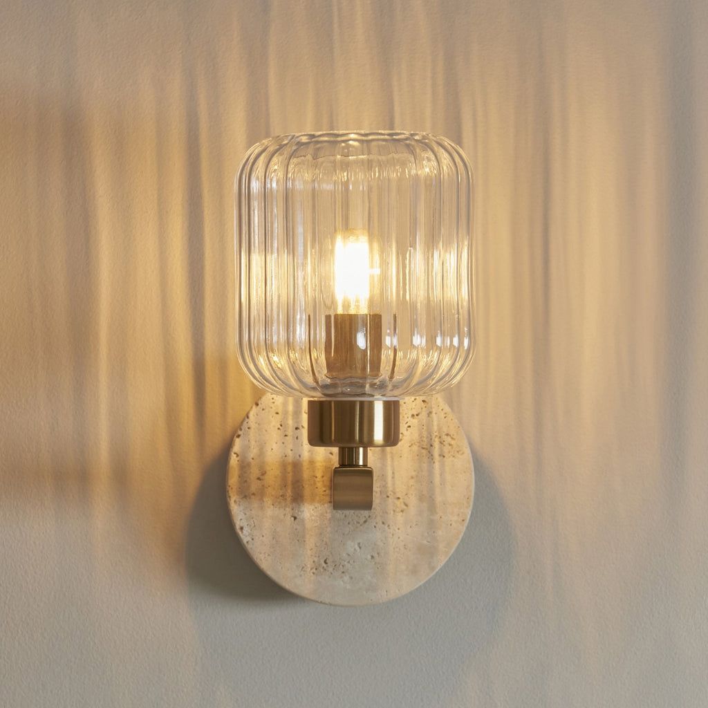 120668 Travi Ribbed Wall Light Beige Textured Marble, Vintage Brass & Clear Ribbed Glass