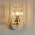 120668 Travi Ribbed Wall Light Beige Textured Marble, Vintage Brass & Clear Ribbed Glass