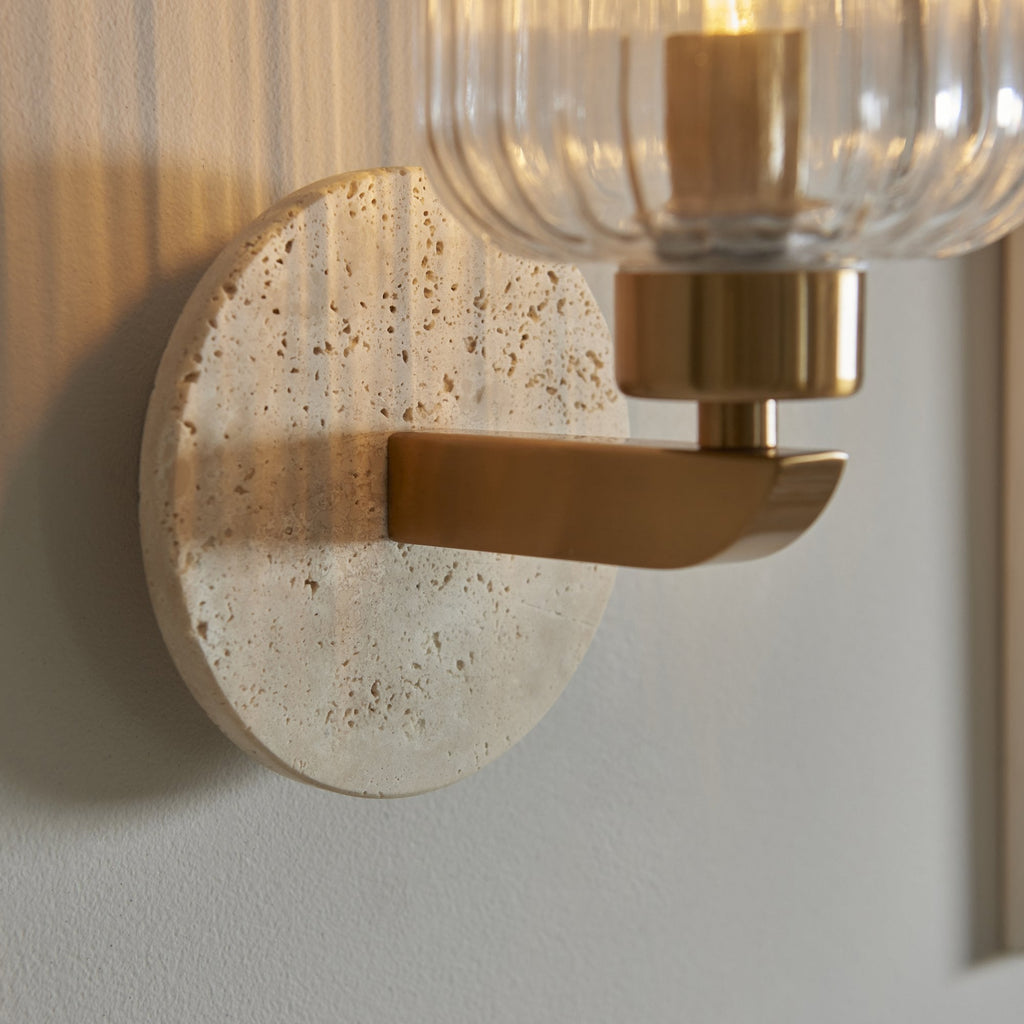 120668 Travi Ribbed Wall Light Beige Textured Marble, Vintage Brass & Clear Ribbed Glass