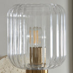 120668 Travi Ribbed Wall Light Beige Textured Marble, Vintage Brass & Clear Ribbed Glass