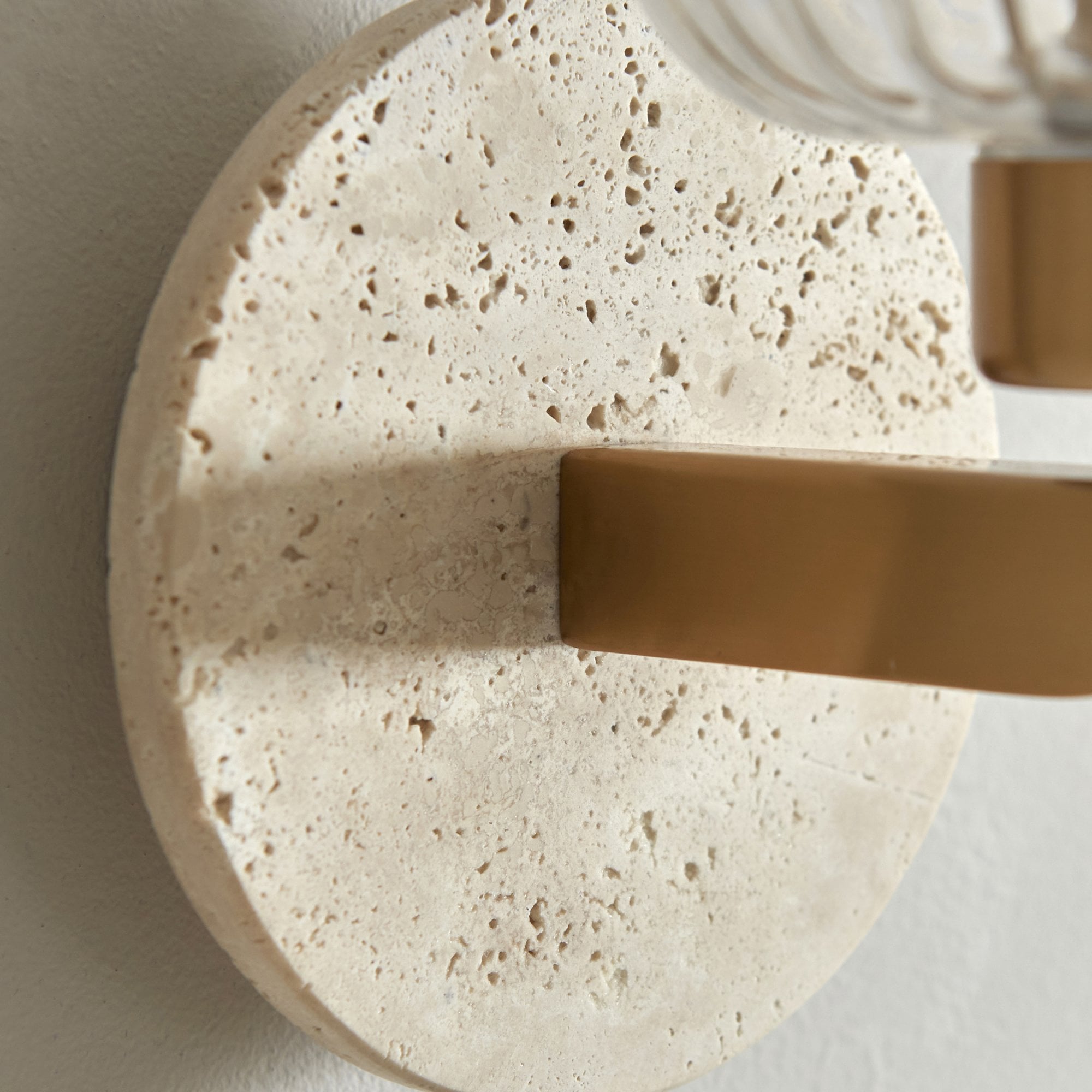 120668 Travi Ribbed Wall Light Beige Textured Marble, Vintage Brass & Clear Ribbed Glass