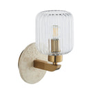 120668 Travi Ribbed Wall Light Beige Textured Marble, Vintage Brass & Clear Ribbed Glass