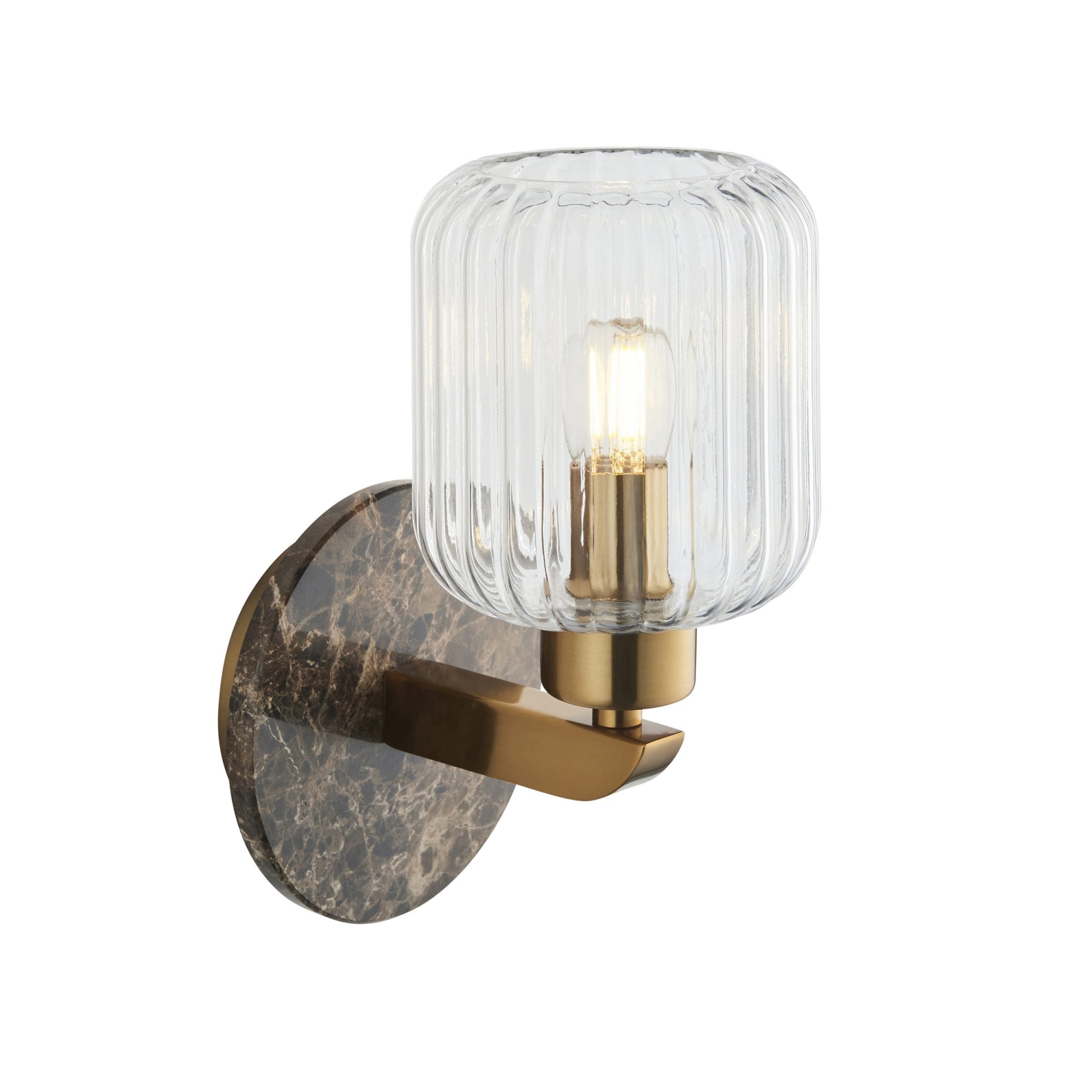 120669 Travi Ribbed Wall Light Dark Brown Emperador Marble, Vintage Brass & Clear Ribbed Glass