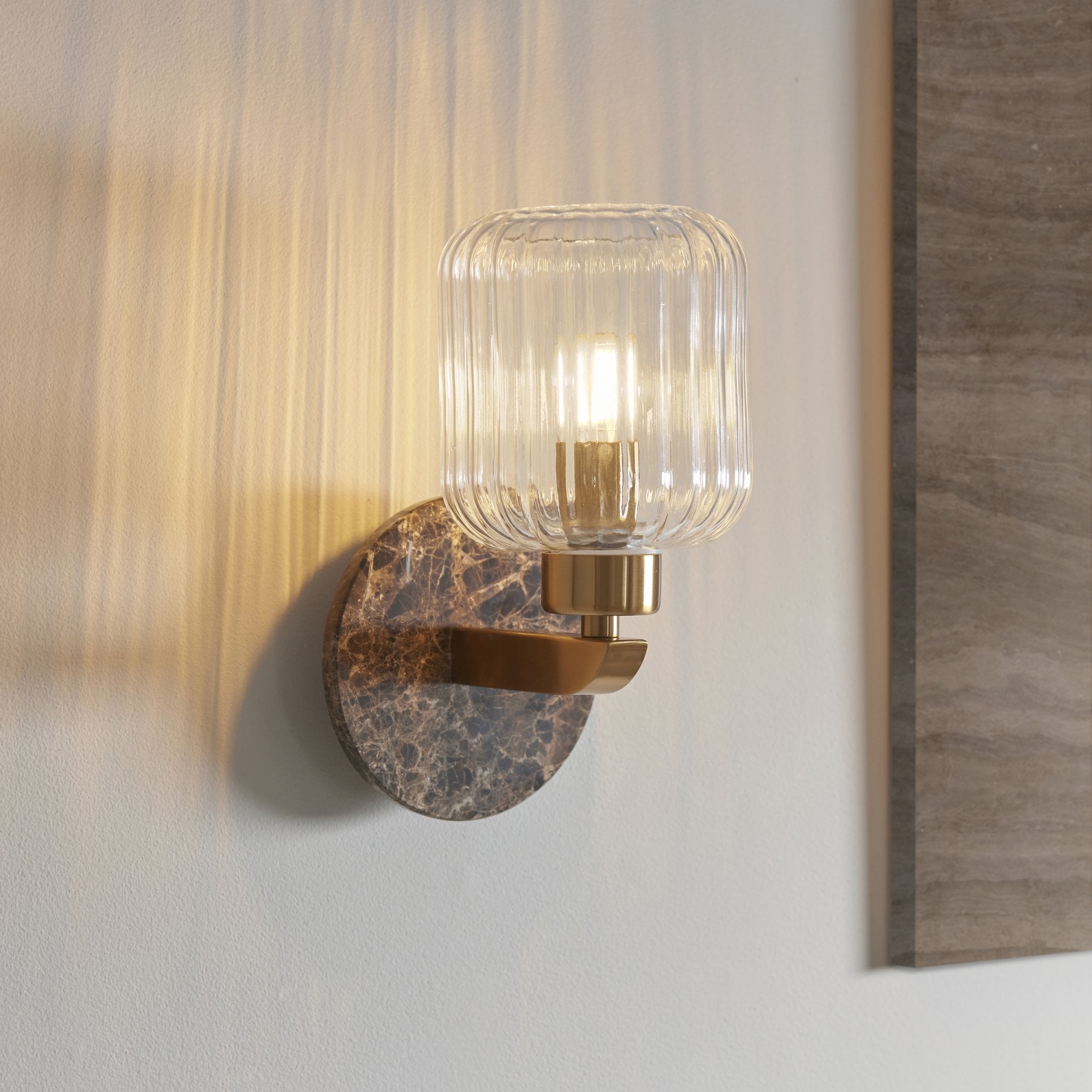 120669 Travi Ribbed Wall Light Dark Brown Emperador Marble, Vintage Brass & Clear Ribbed Glass