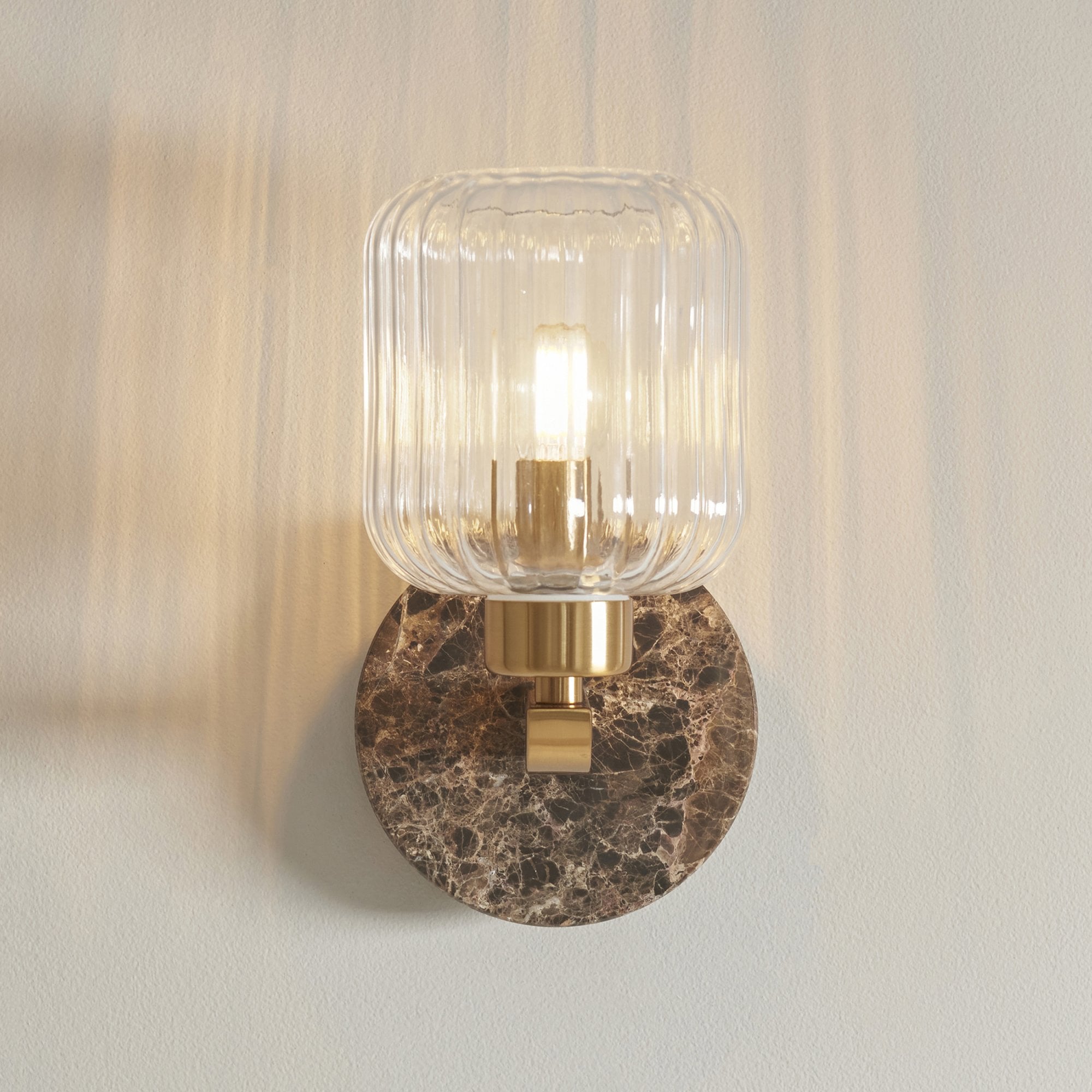 120669 Travi Ribbed Wall Light Dark Brown Emperador Marble, Vintage Brass & Clear Ribbed Glass