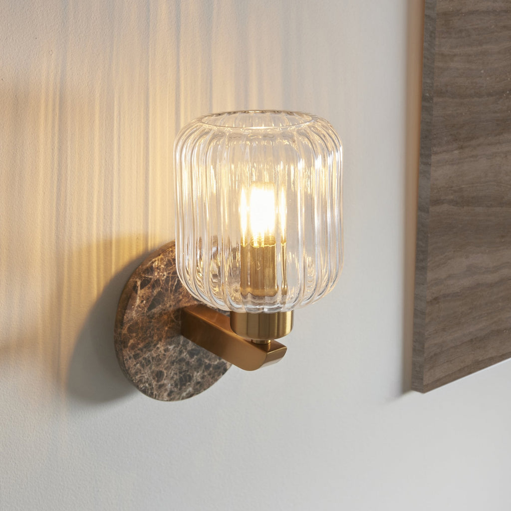 120669 Travi Ribbed Wall Light Dark Brown Emperador Marble, Vintage Brass & Clear Ribbed Glass