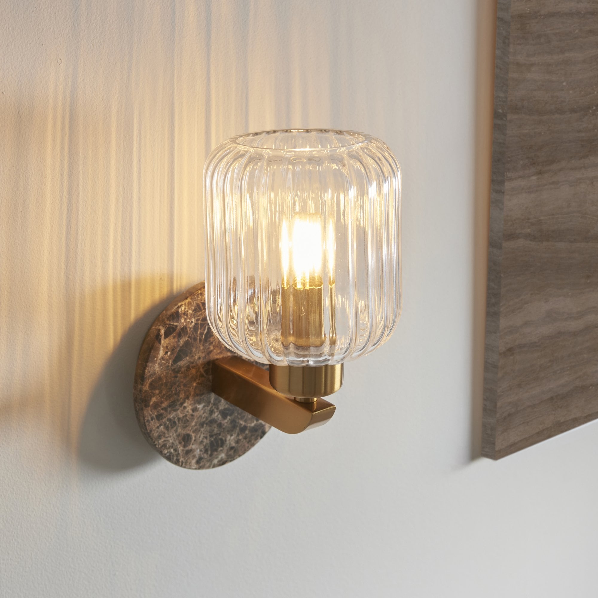 120669 Travi Ribbed Wall Light Dark Brown Emperador Marble, Vintage Brass & Clear Ribbed Glass