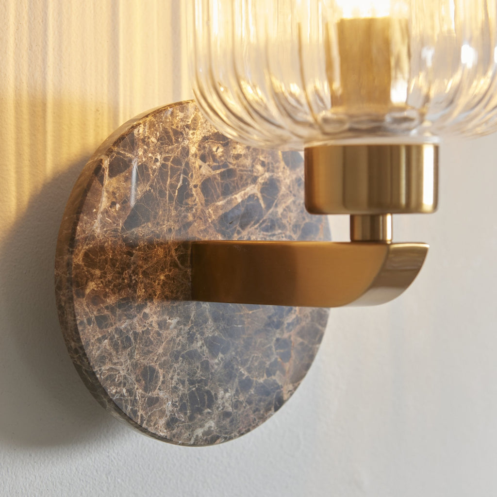 120669 Travi Ribbed Wall Light Dark Brown Emperador Marble, Vintage Brass & Clear Ribbed Glass