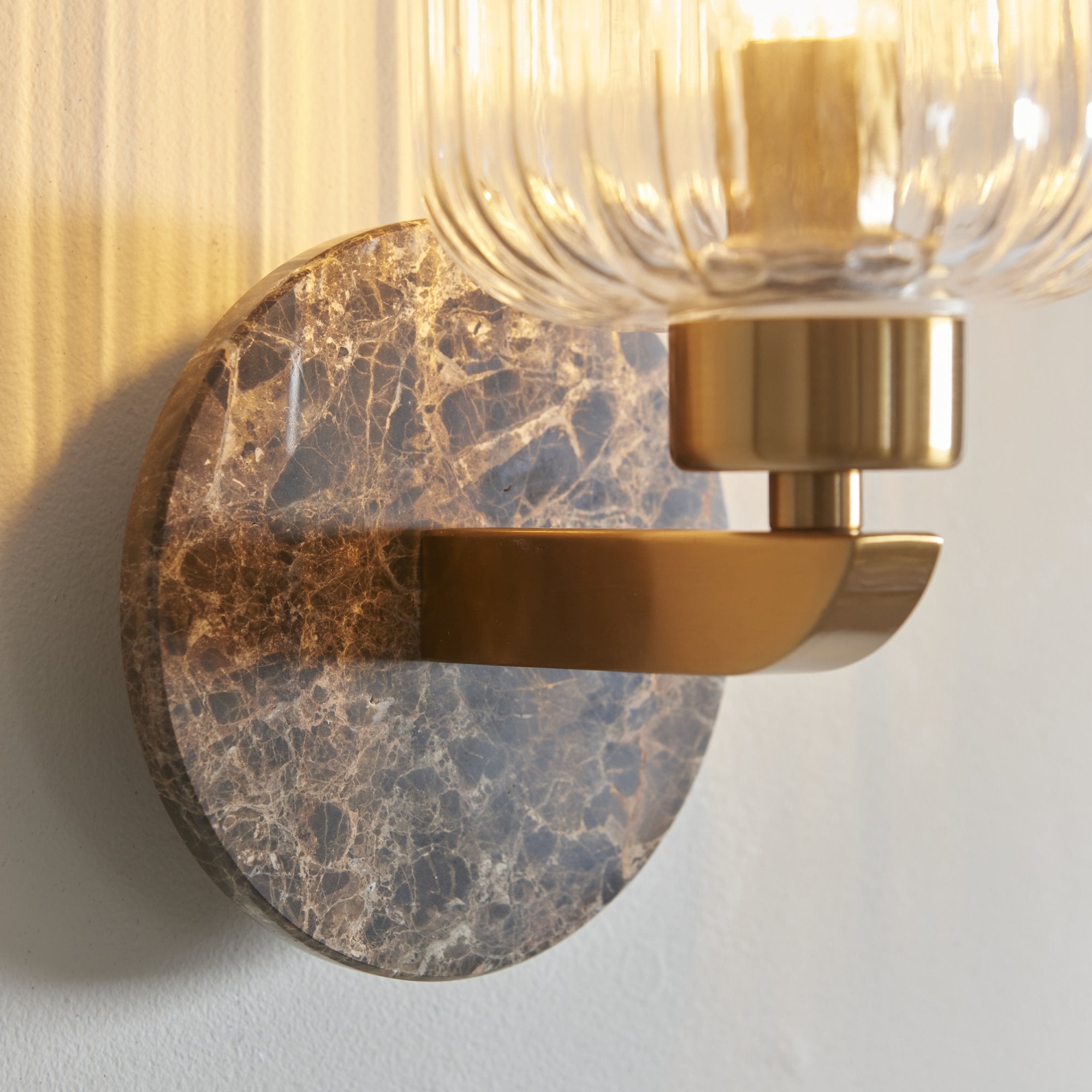 120669 Travi Ribbed Wall Light Dark Brown Emperador Marble, Vintage Brass & Clear Ribbed Glass