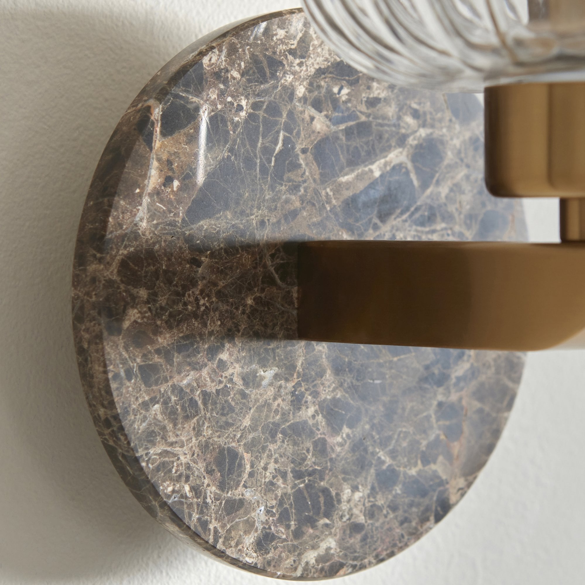 120669 Travi Ribbed Wall Light Dark Brown Emperador Marble, Vintage Brass & Clear Ribbed Glass