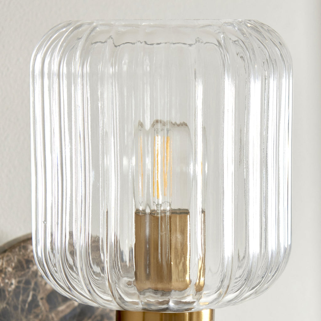 120669 Travi Ribbed Wall Light Dark Brown Emperador Marble, Vintage Brass & Clear Ribbed Glass