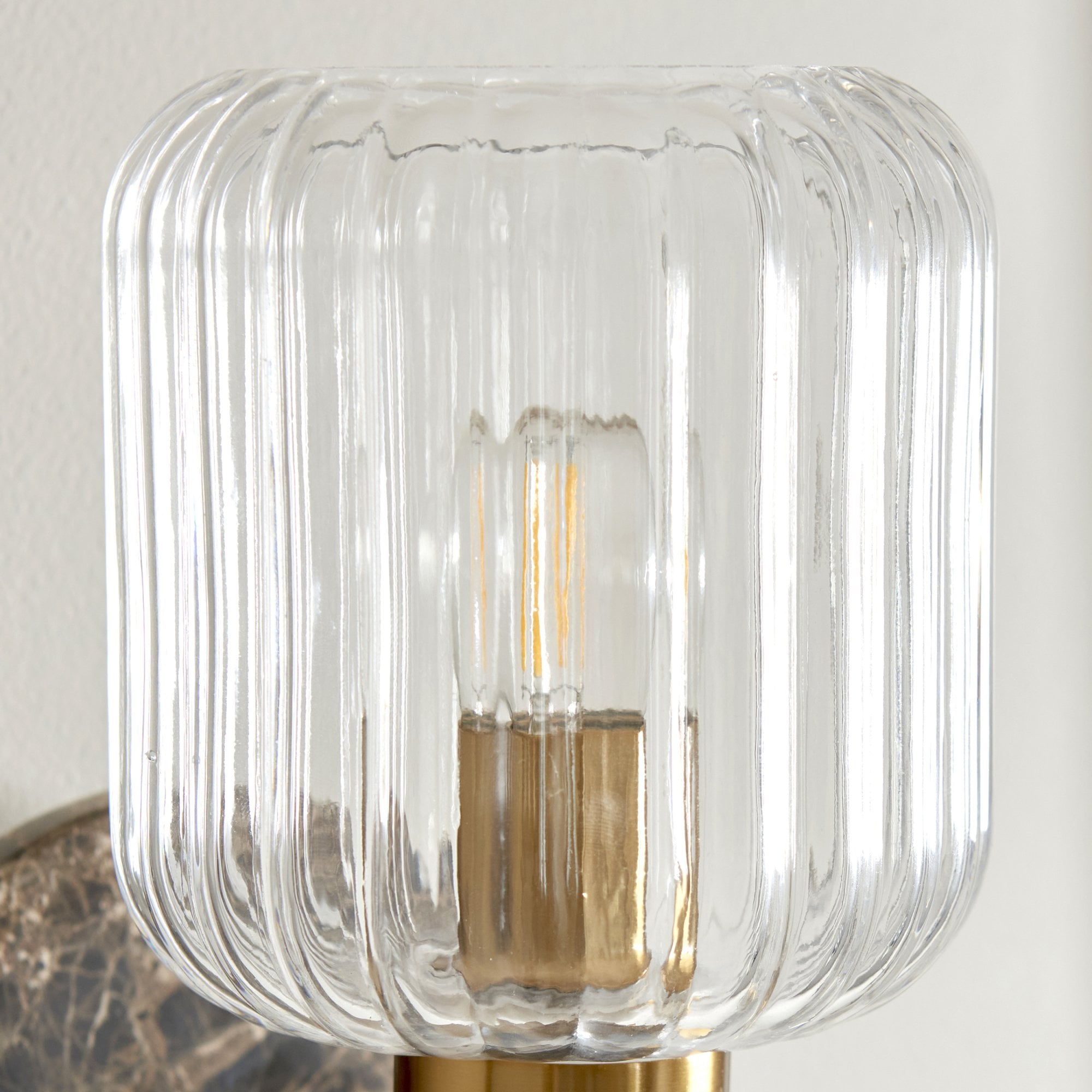 120669 Travi Ribbed Wall Light Dark Brown Emperador Marble, Vintage Brass & Clear Ribbed Glass