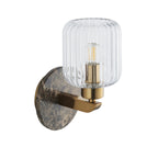 120669 Travi Ribbed Wall Light Dark Brown Emperador Marble, Vintage Brass & Clear Ribbed Glass