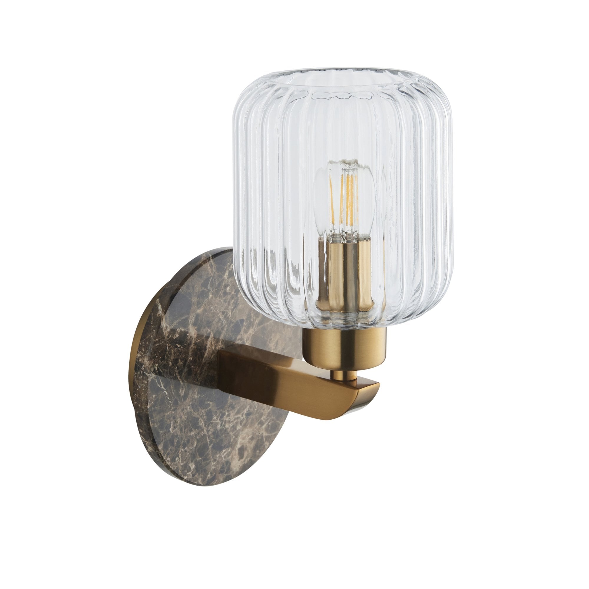 120669 Travi Ribbed Wall Light Dark Brown Emperador Marble, Vintage Brass & Clear Ribbed Glass