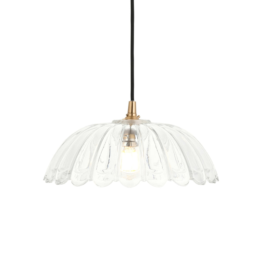 120750 Eltham & Carnation Pendant Clear Glass & Brushed Aged Brass With Black Braided Cable