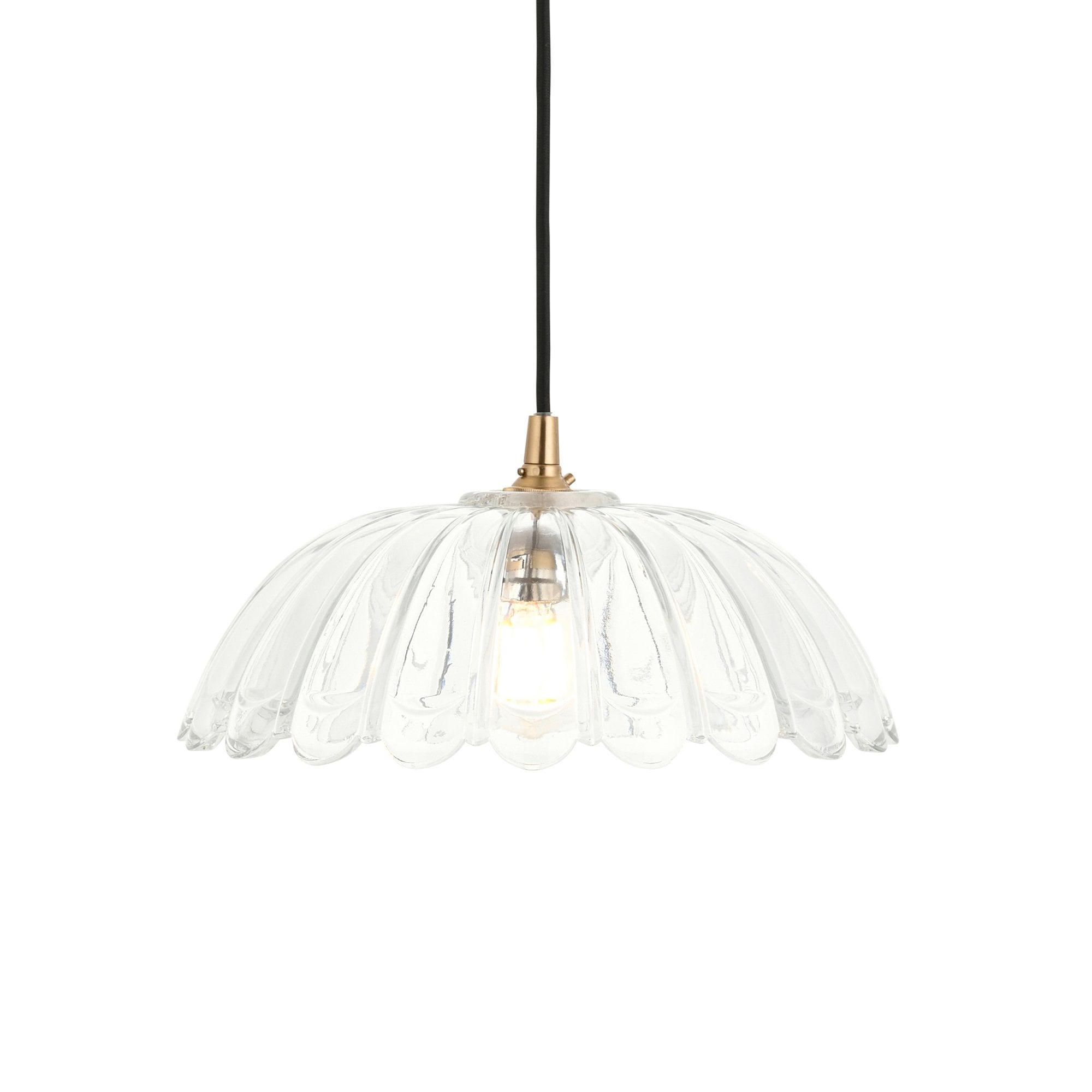 120750 Eltham & Carnation Pendant Clear Glass & Brushed Aged Brass With Black Braided Cable