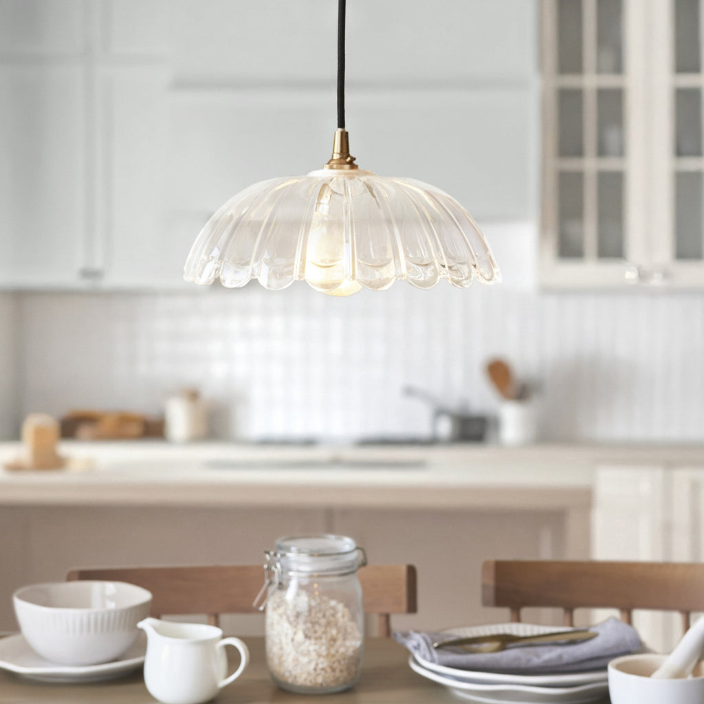 120750 Eltham & Carnation Pendant Clear Glass & Brushed Aged Brass With Black Braided Cable