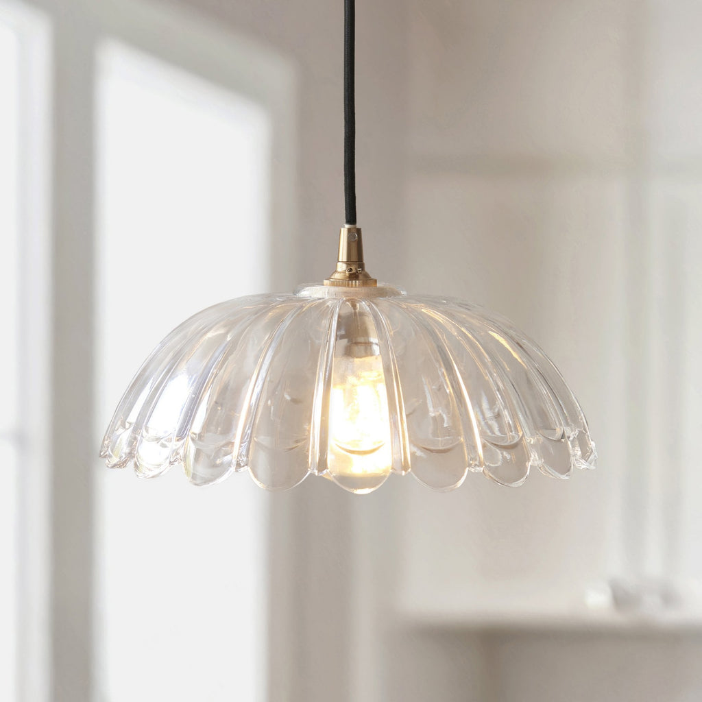 120750 Eltham & Carnation Pendant Clear Glass & Brushed Aged Brass With Black Braided Cable