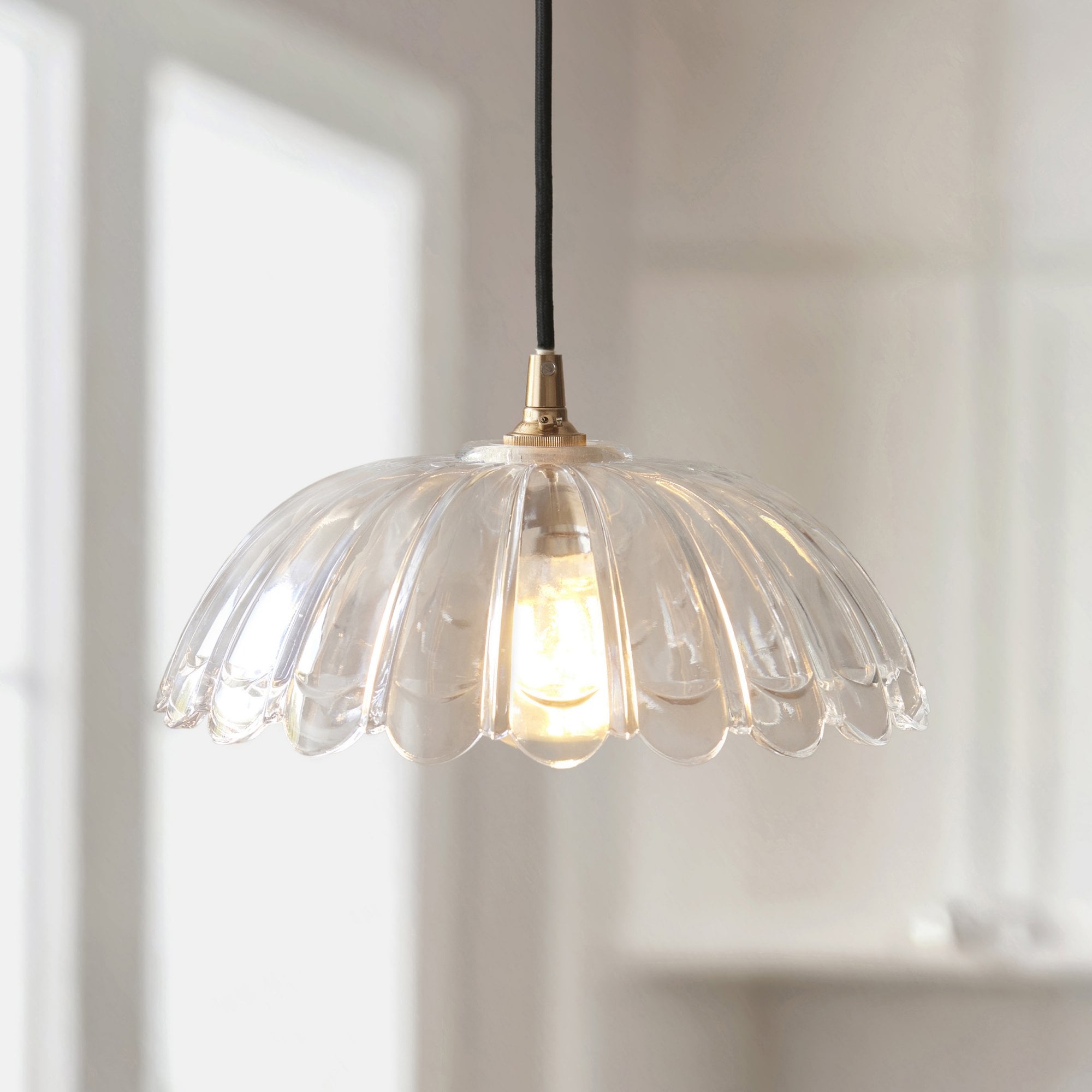 120750 Eltham & Carnation Pendant Clear Glass & Brushed Aged Brass With Black Braided Cable