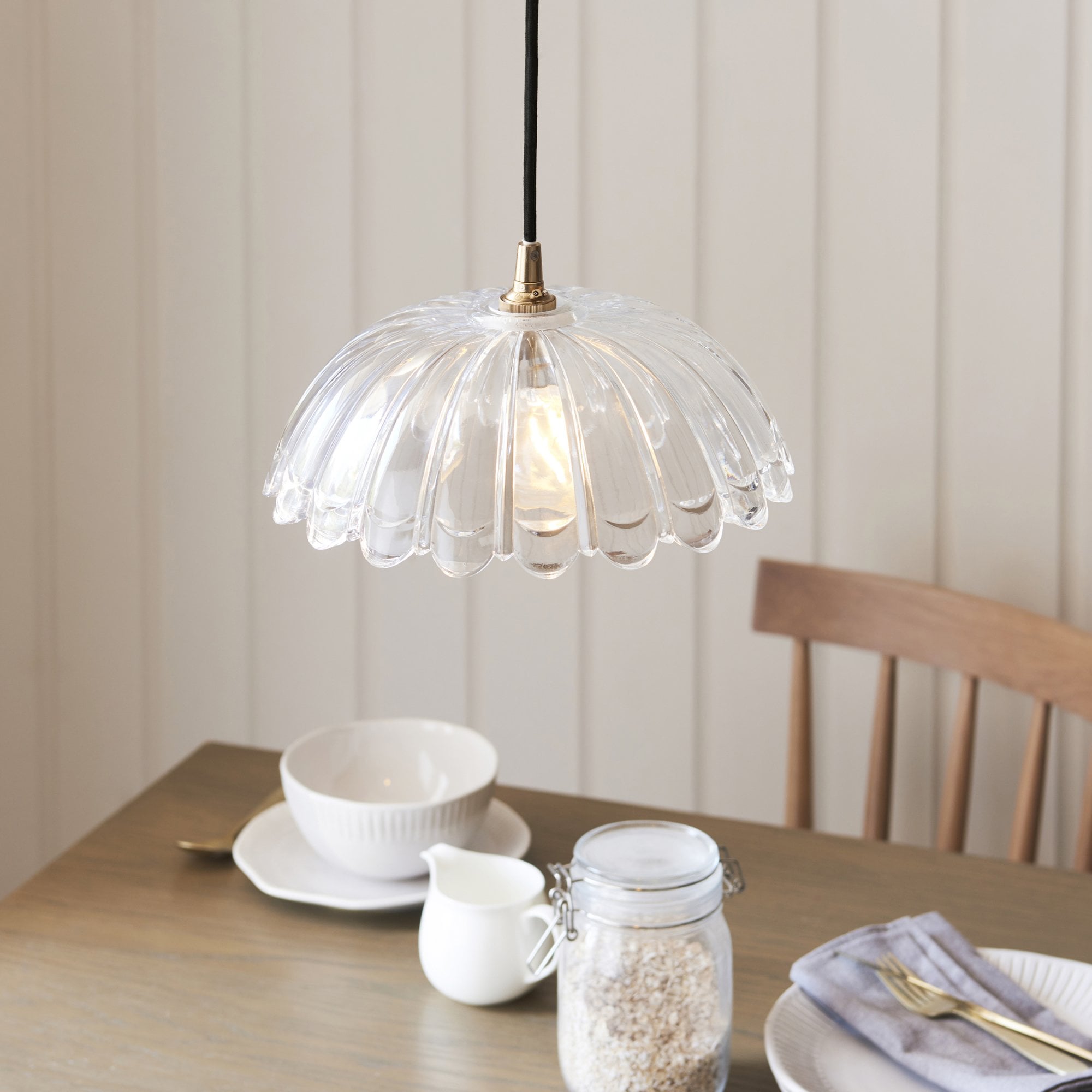 120750 Eltham & Carnation Pendant Clear Glass & Brushed Aged Brass With Black Braided Cable