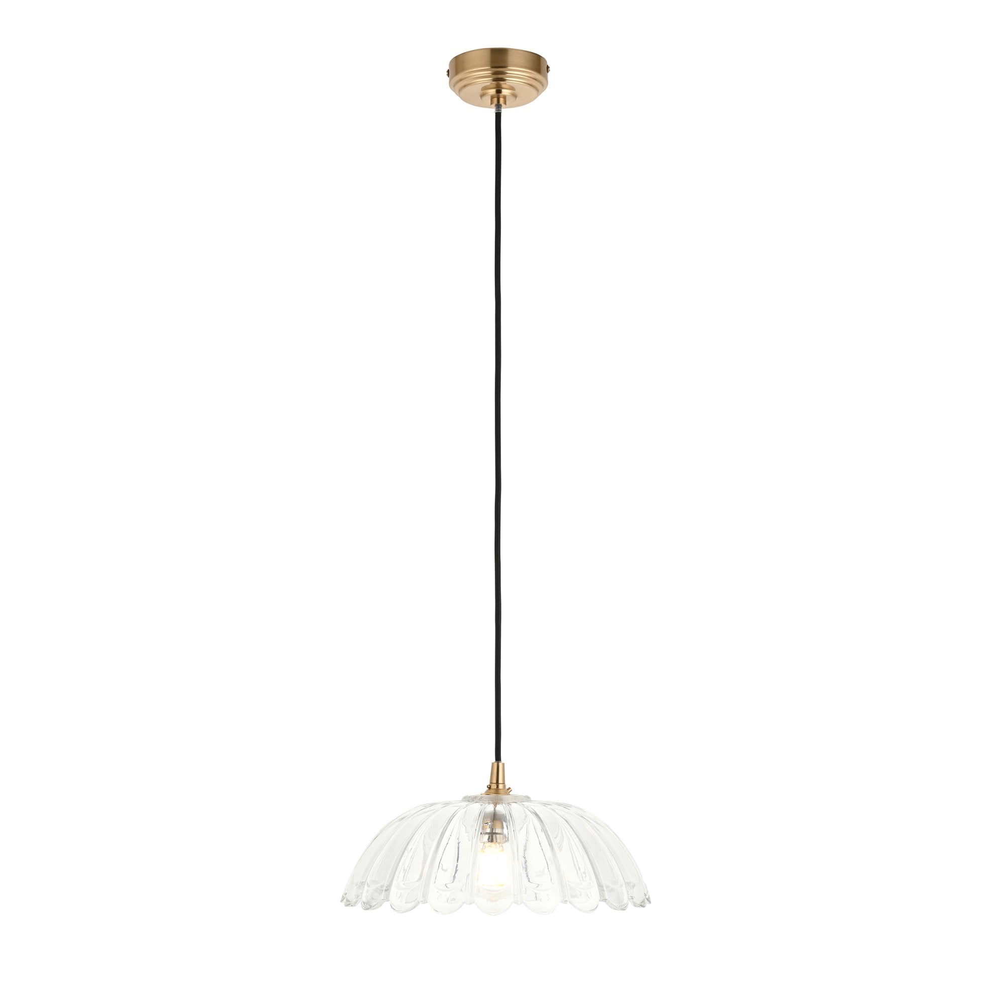 120750 Eltham & Carnation Pendant Clear Glass & Brushed Aged Brass With Black Braided Cable