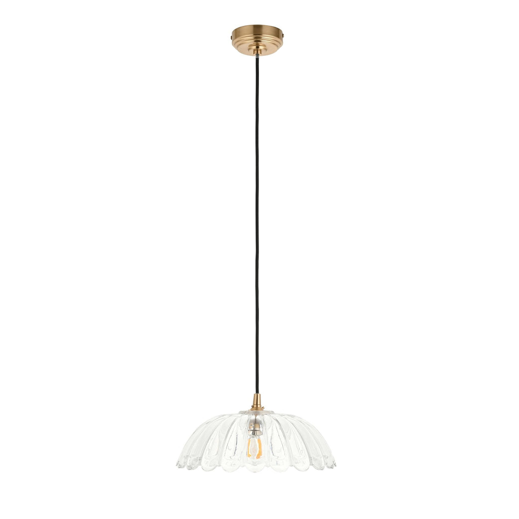 120750 Eltham & Carnation Pendant Clear Glass & Brushed Aged Brass With Black Braided Cable