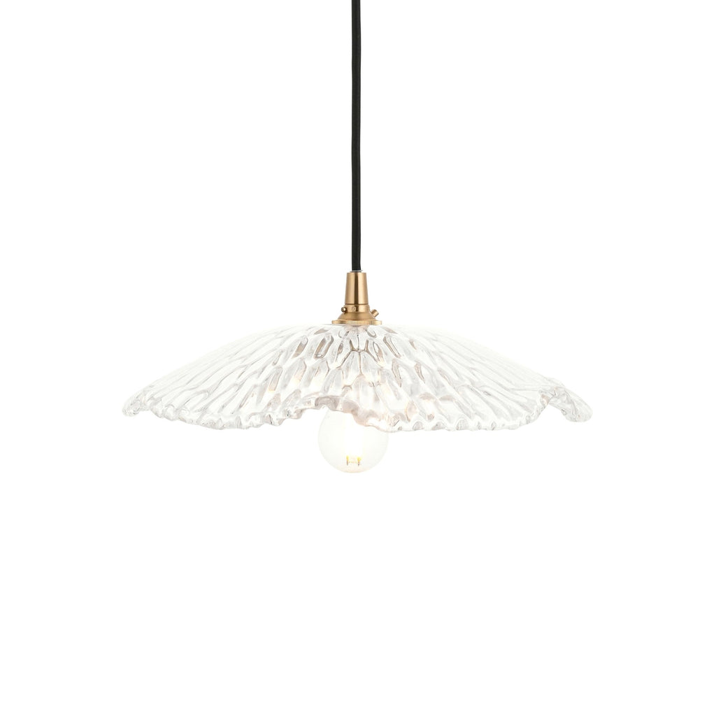 120751 Eltham & Orchid Pendant Clear Glass & Brushed Aged Brass With Black Braided Cable