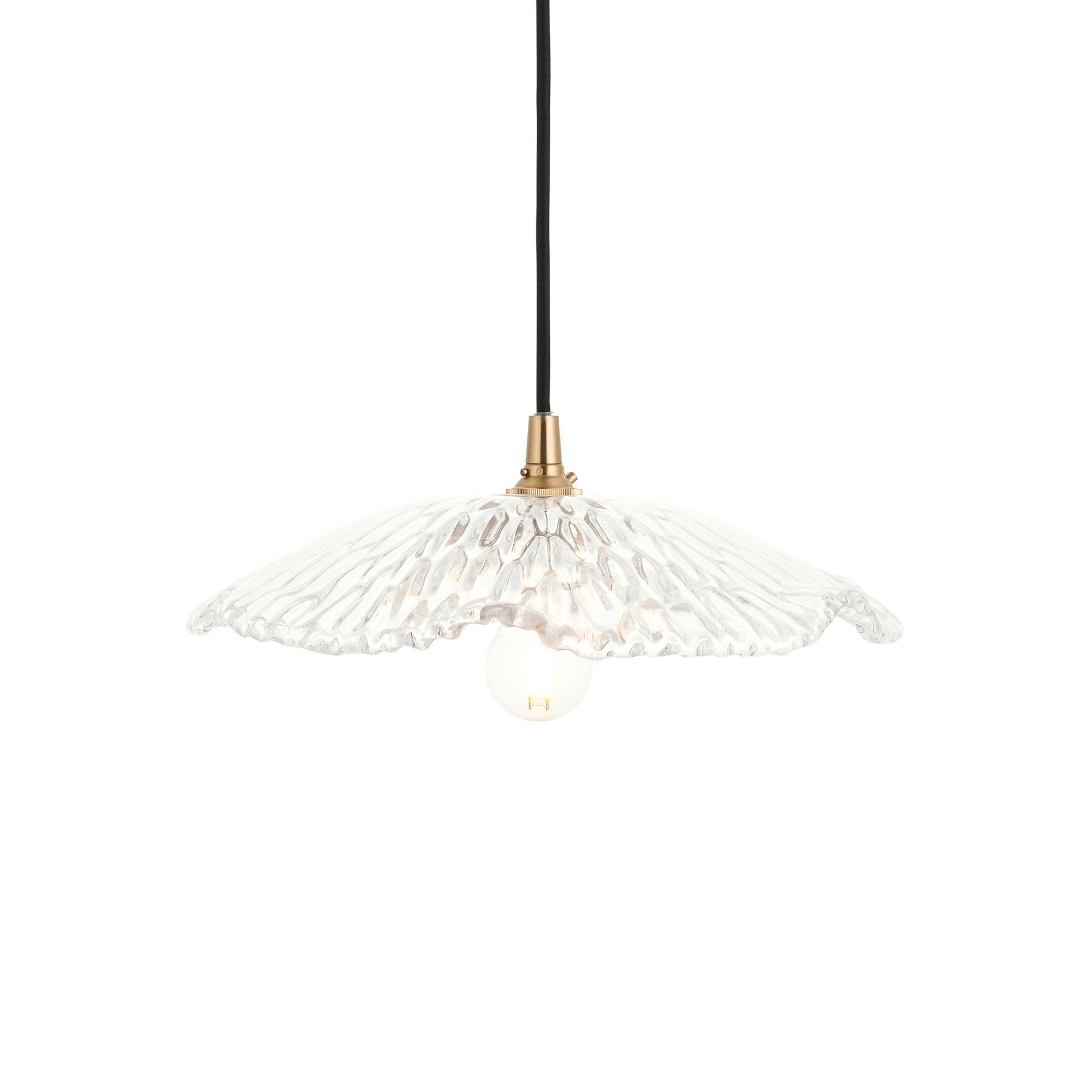 120751 Eltham & Orchid Pendant Clear Glass & Brushed Aged Brass With Black Braided Cable