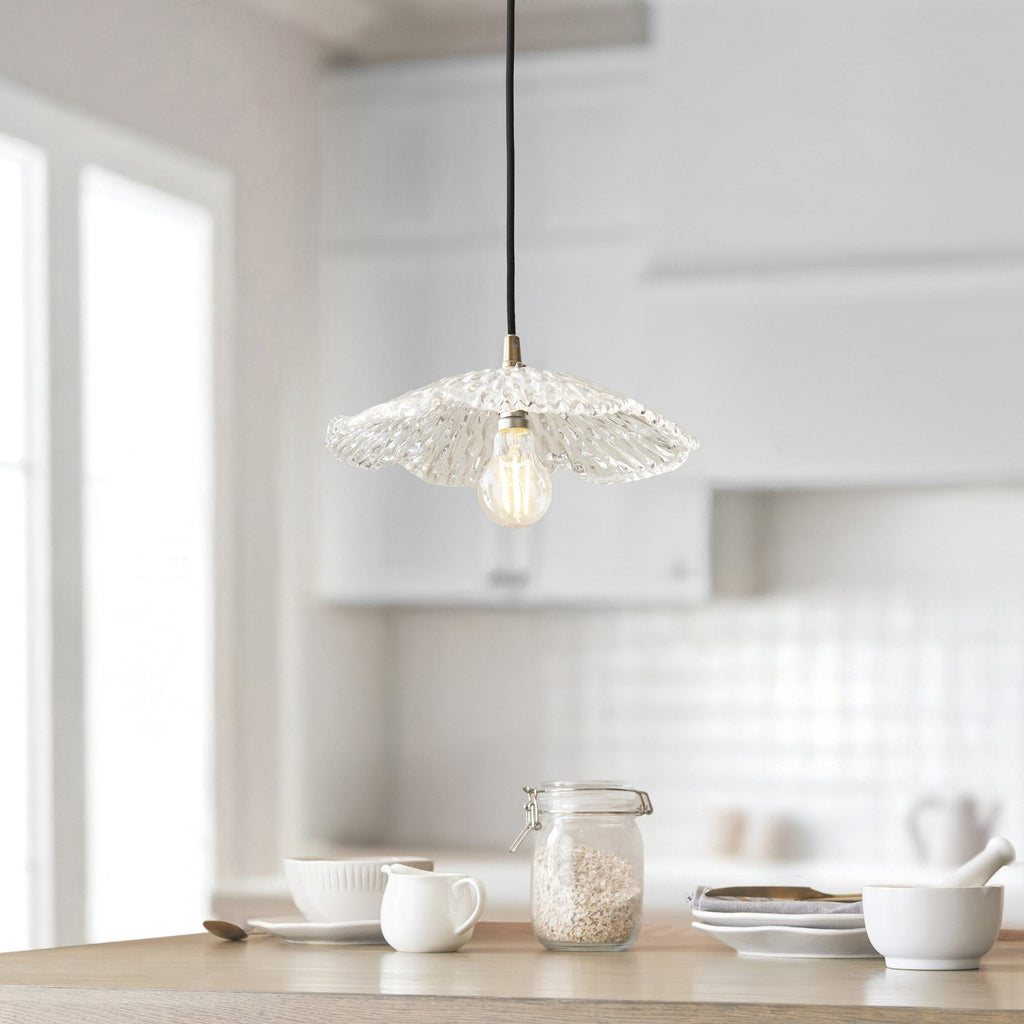120751 Eltham & Orchid Pendant Clear Glass & Brushed Aged Brass With Black Braided Cable