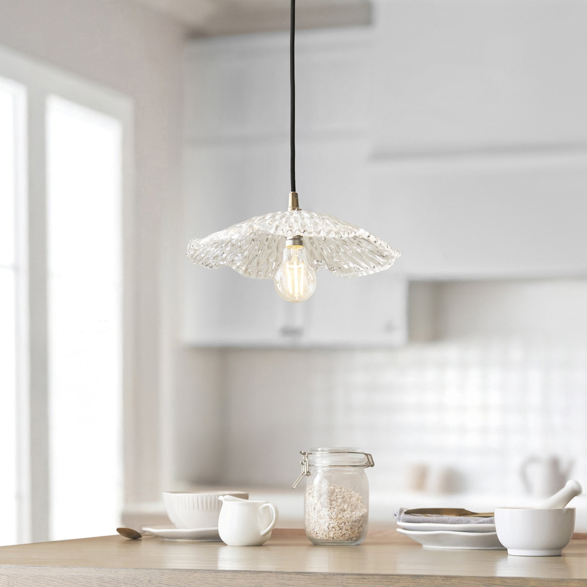 120751 Eltham & Orchid Pendant Clear Glass & Brushed Aged Brass With Black Braided Cable