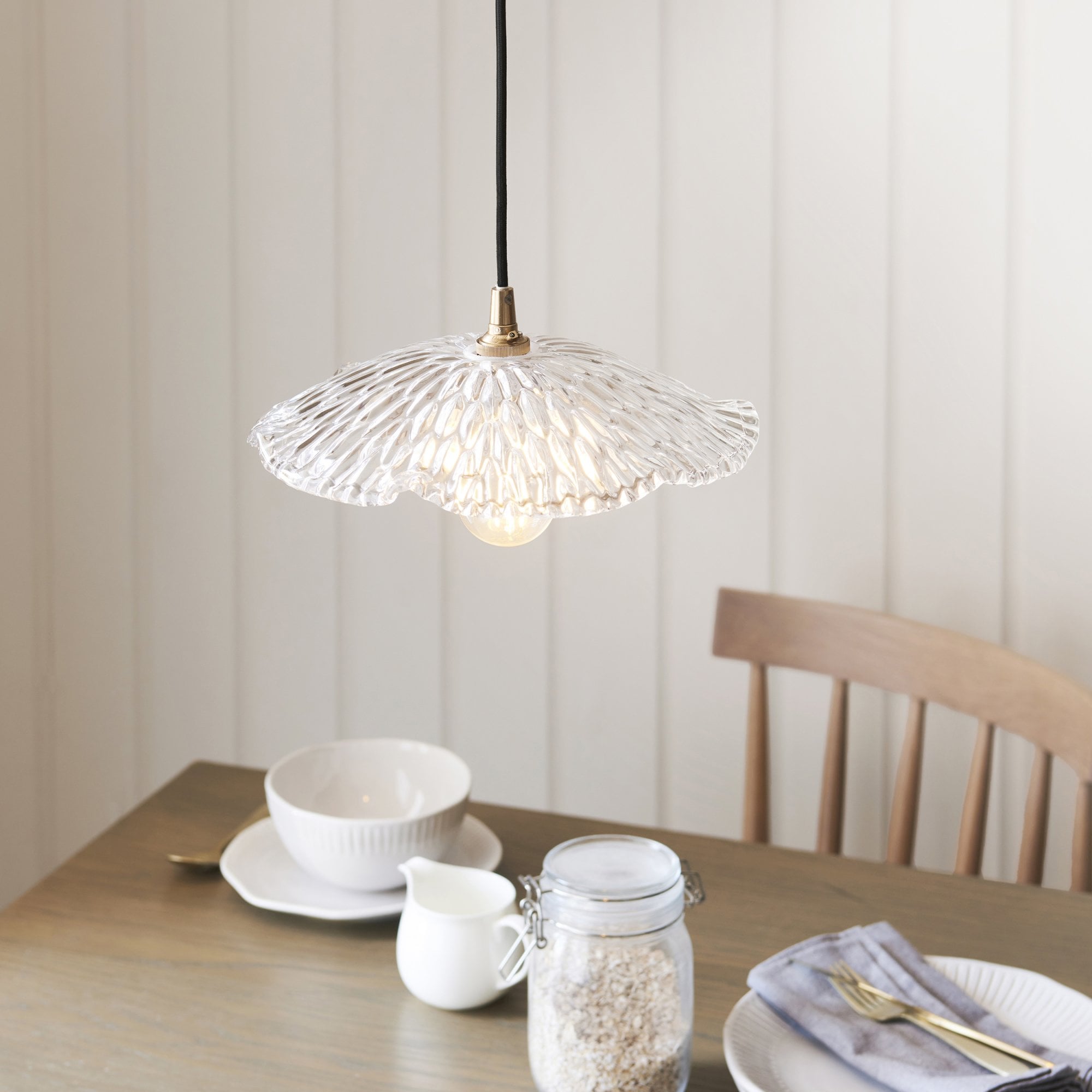 120751 Eltham & Orchid Pendant Clear Glass & Brushed Aged Brass With Black Braided Cable
