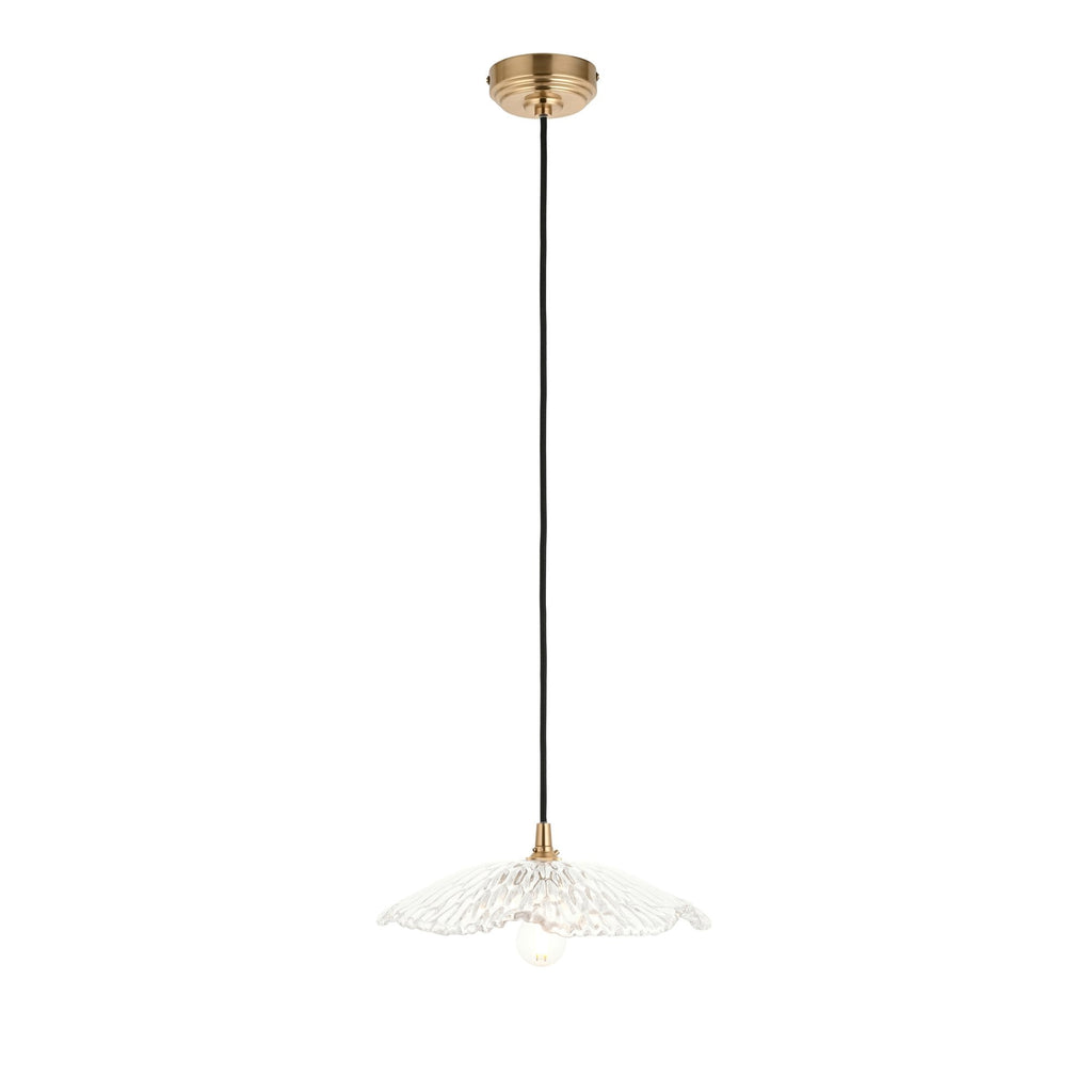 120751 Eltham & Orchid Pendant Clear Glass & Brushed Aged Brass With Black Braided Cable