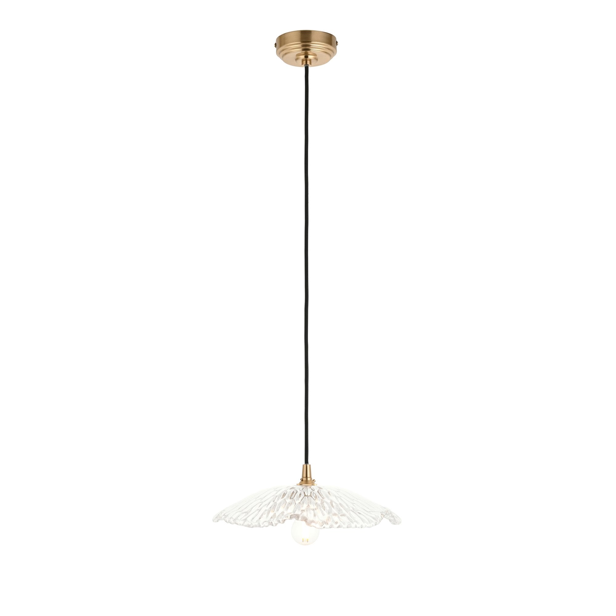 120751 Eltham & Orchid Pendant Clear Glass & Brushed Aged Brass With Black Braided Cable