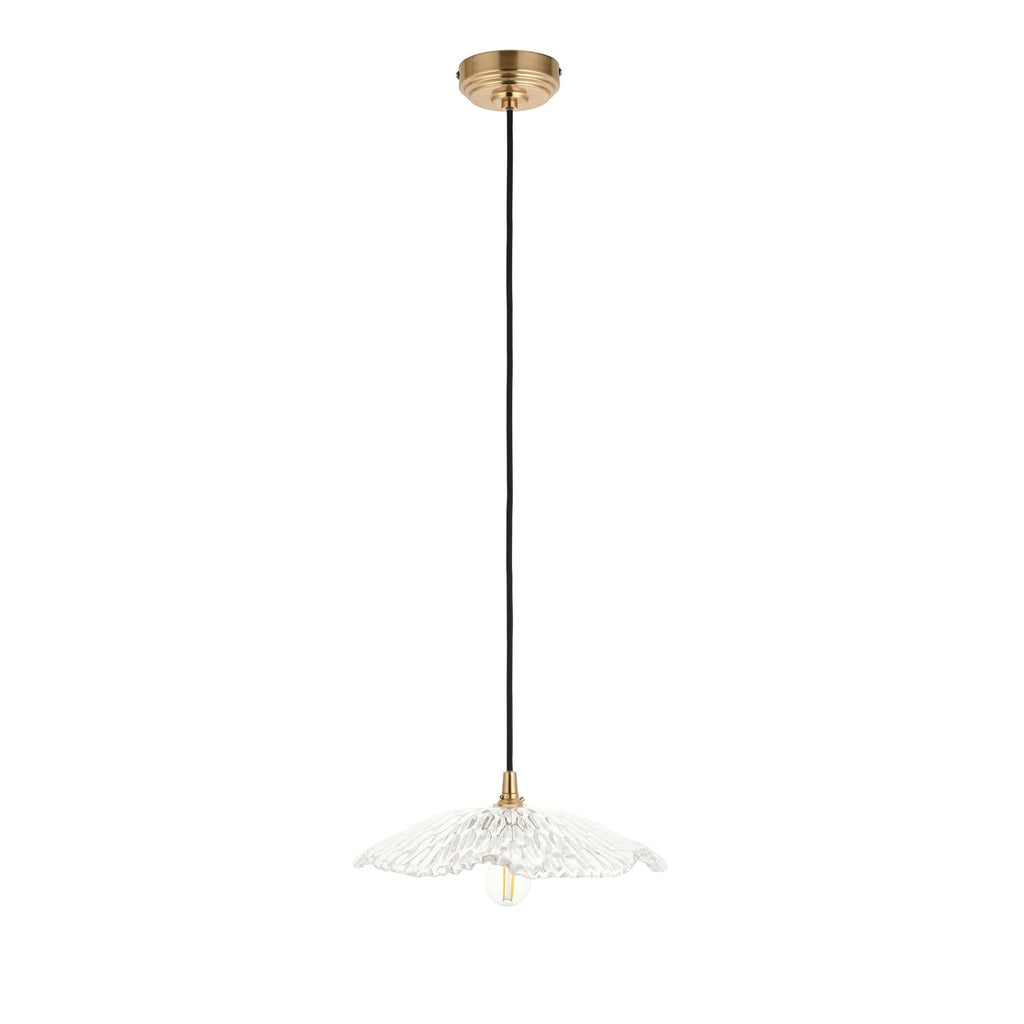 120751 Eltham & Orchid Pendant Clear Glass & Brushed Aged Brass With Black Braided Cable