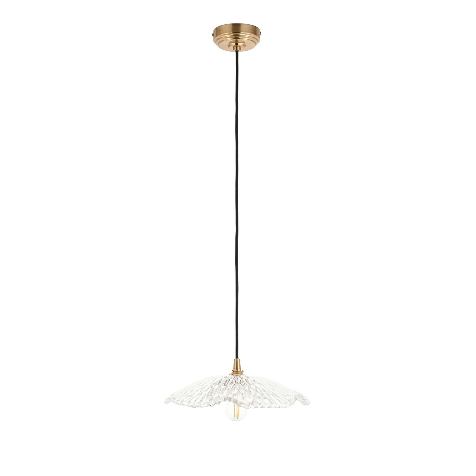 120751 Eltham & Orchid Pendant Clear Glass & Brushed Aged Brass With Black Braided Cable