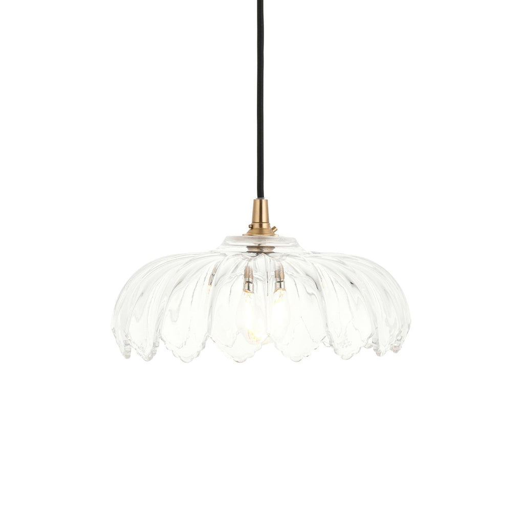 120752 Eltham & Camellia Pendant Clear Glass, Brushed Aged Brass Plate & Black Braided Flex