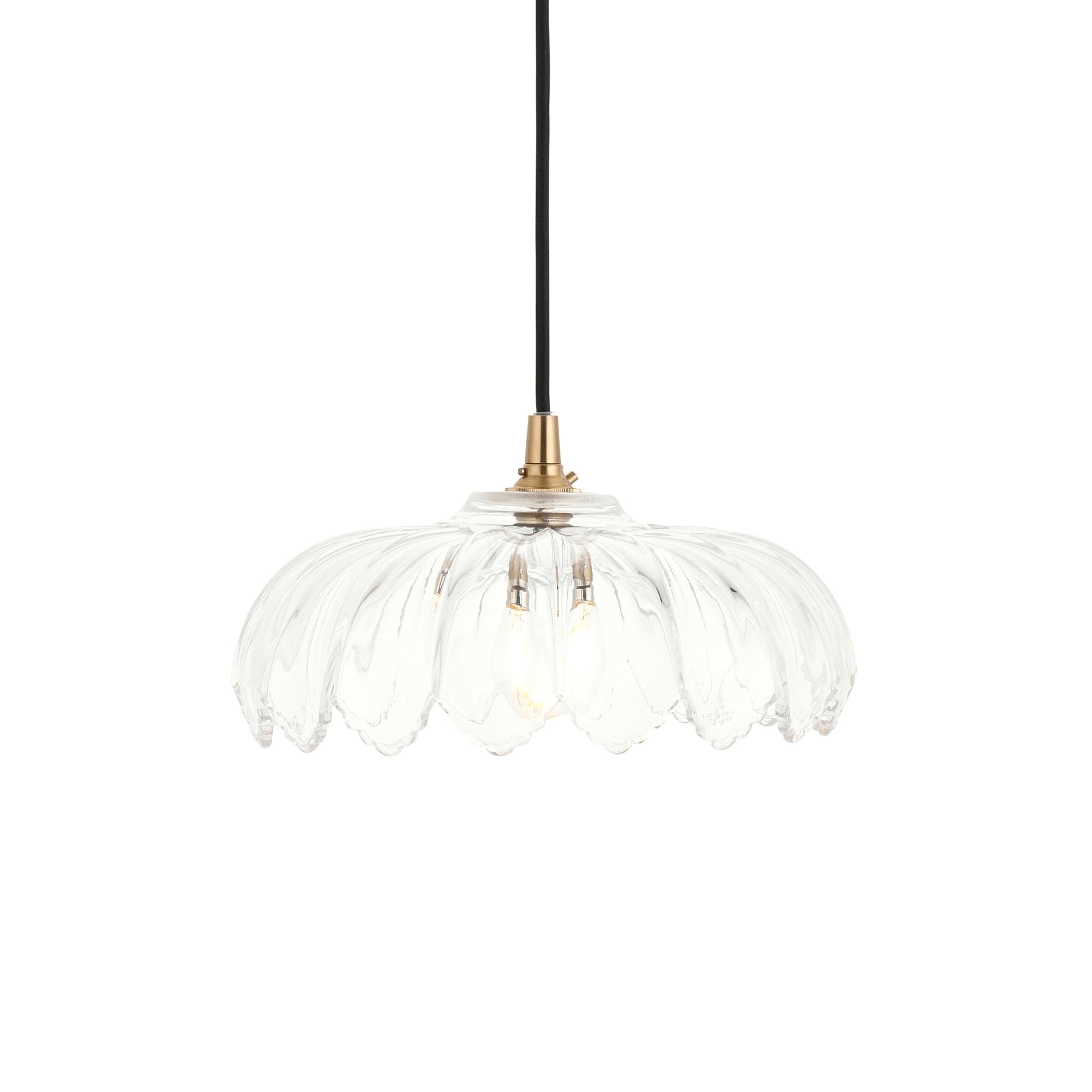 120752 Eltham & Camellia Pendant Clear Glass, Brushed Aged Brass Plate & Black Braided Flex