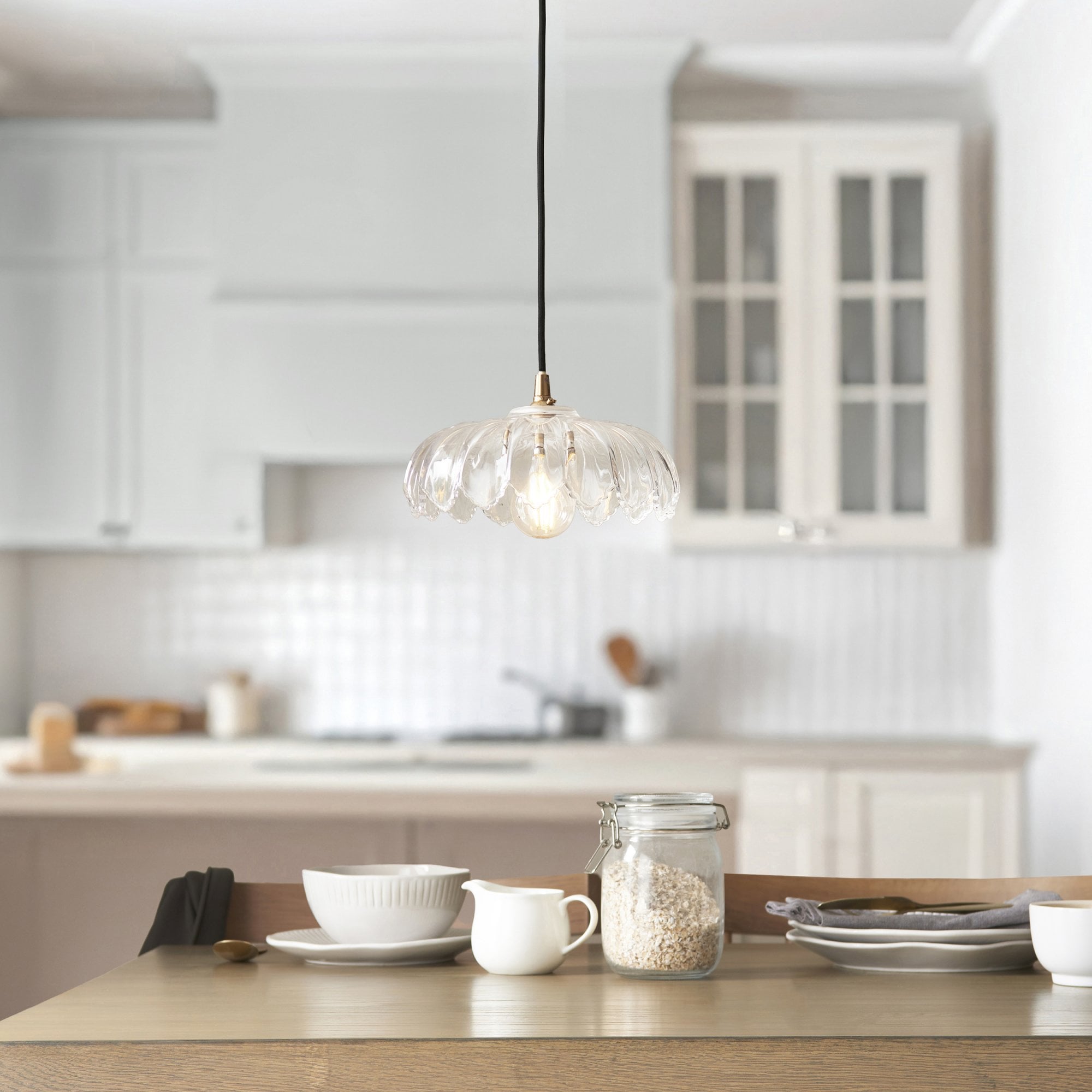 120752 Eltham & Camellia Pendant Clear Glass, Brushed Aged Brass Plate & Black Braided Flex