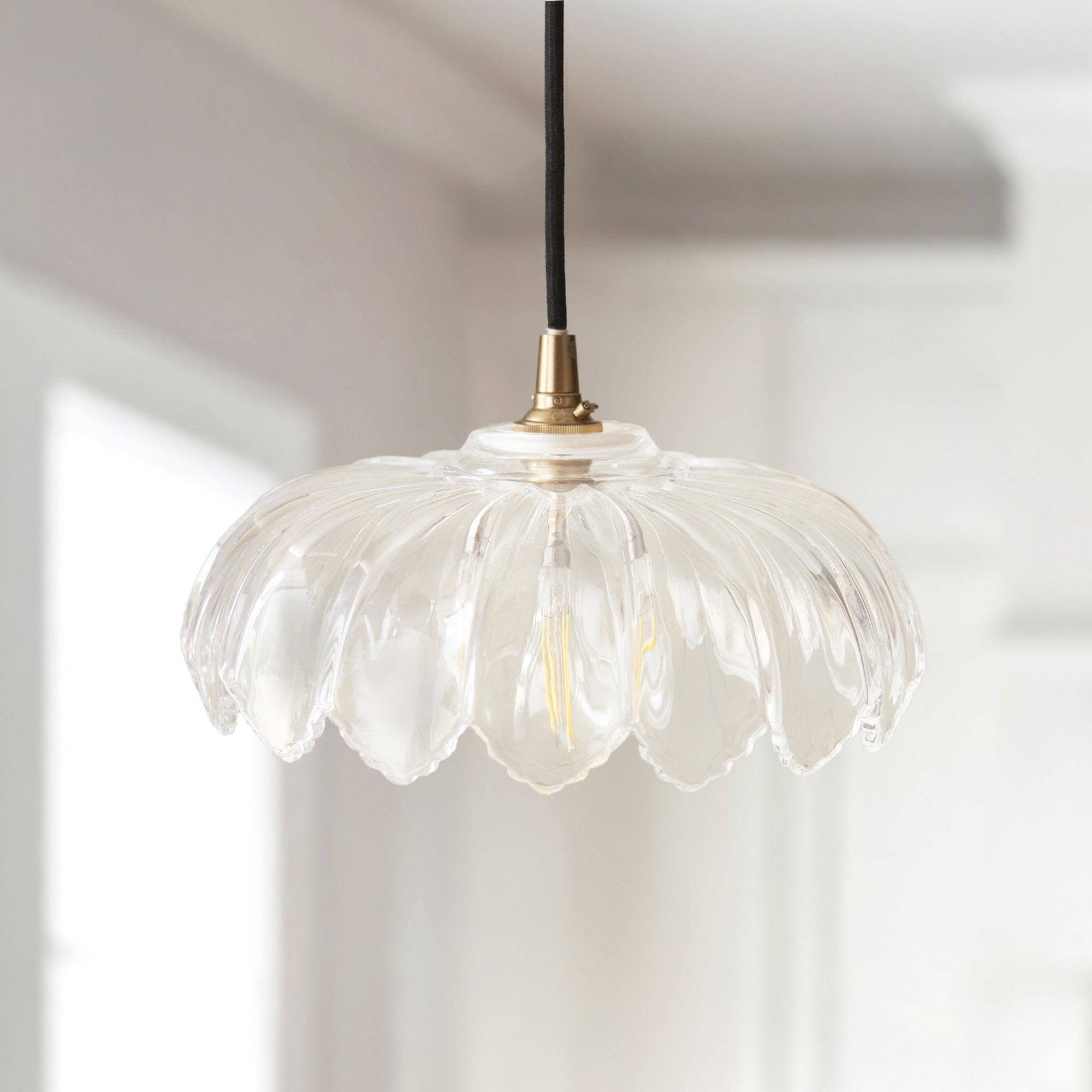 120752 Eltham & Camellia Pendant Clear Glass, Brushed Aged Brass Plate & Black Braided Flex
