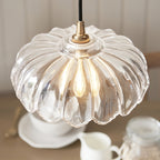 120752 Eltham & Camellia Pendant Clear Glass, Brushed Aged Brass Plate & Black Braided Flex