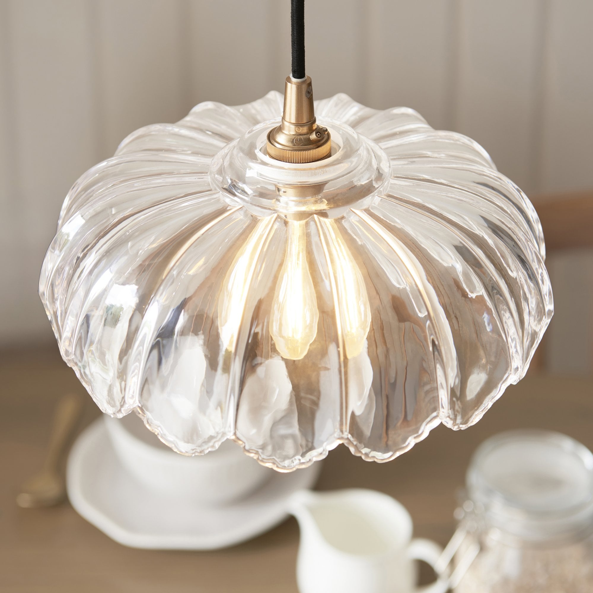 120752 Eltham & Camellia Pendant Clear Glass, Brushed Aged Brass Plate & Black Braided Flex