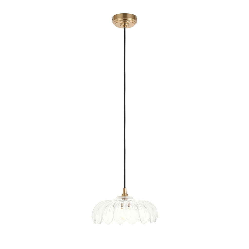 120752 Eltham & Camellia Pendant Clear Glass, Brushed Aged Brass Plate & Black Braided Flex