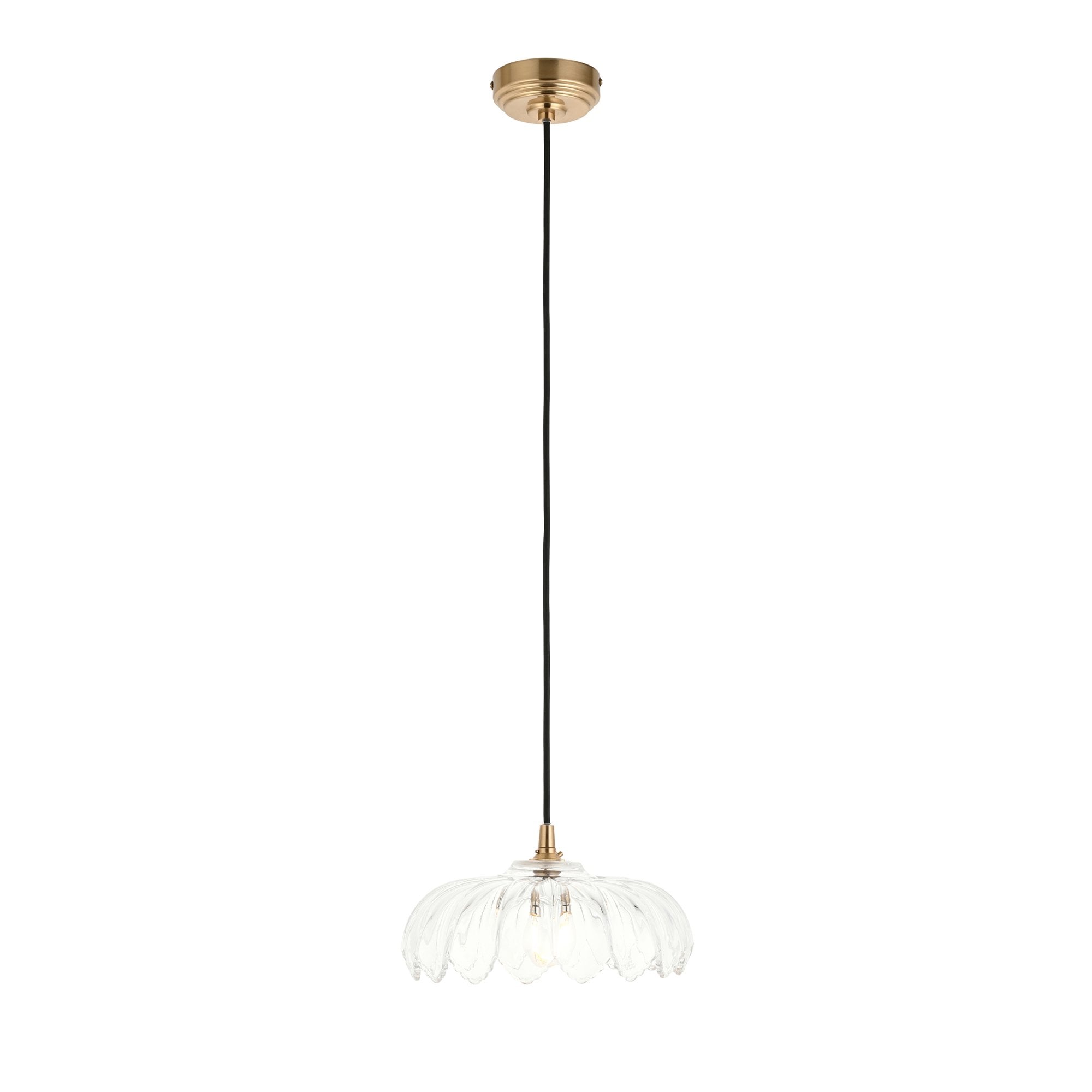 120752 Eltham & Camellia Pendant Clear Glass, Brushed Aged Brass Plate & Black Braided Flex