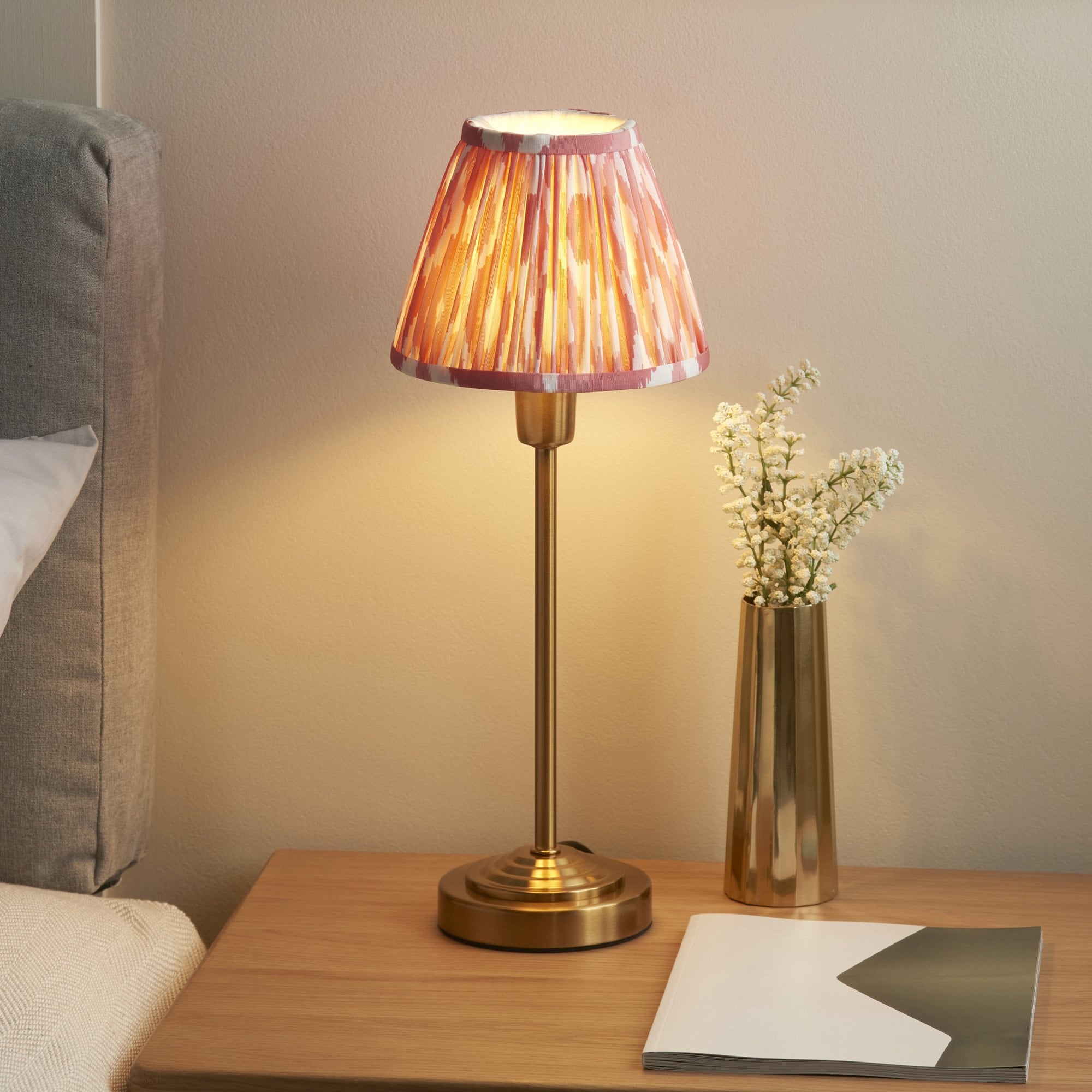 120753 Rise & Ikat 16cm Table Lamp Vintage Brass Finish & Coral Pink Fabric