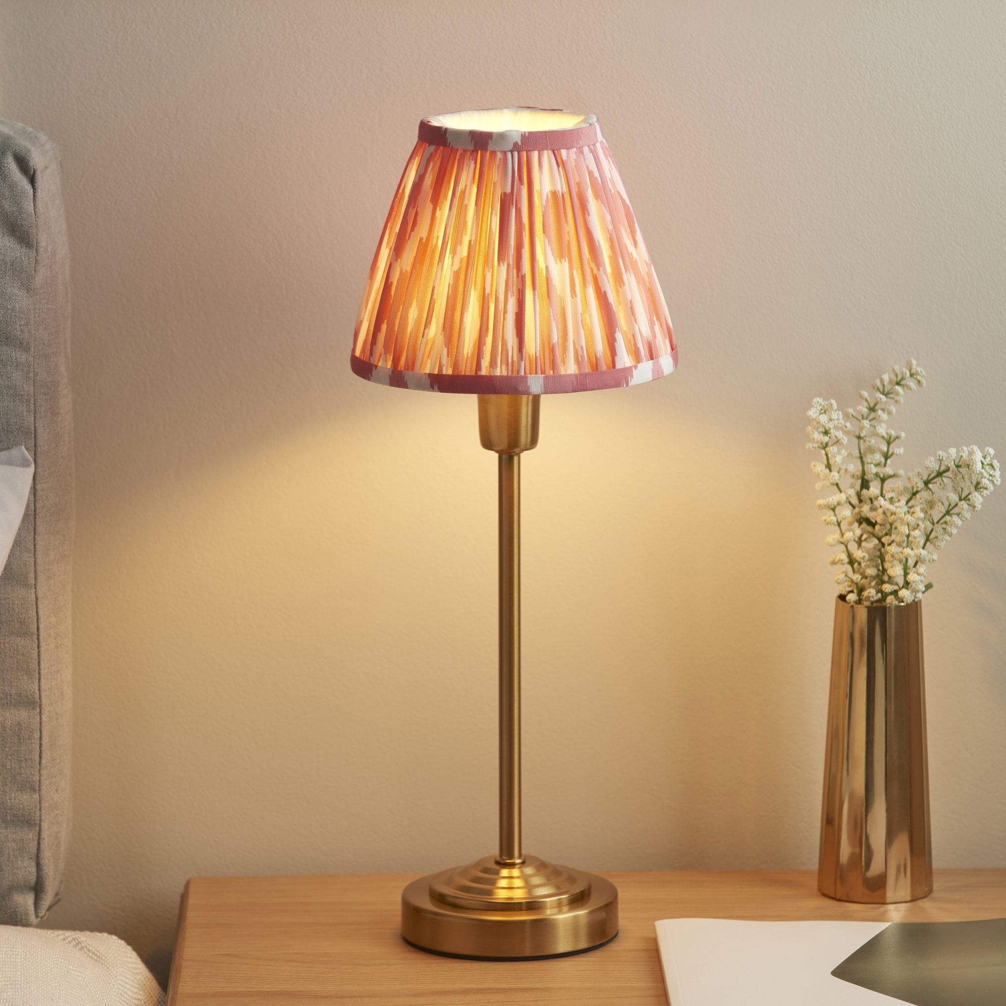 120753 Rise & Ikat 16cm Table Lamp Vintage Brass Finish & Coral Pink Fabric
