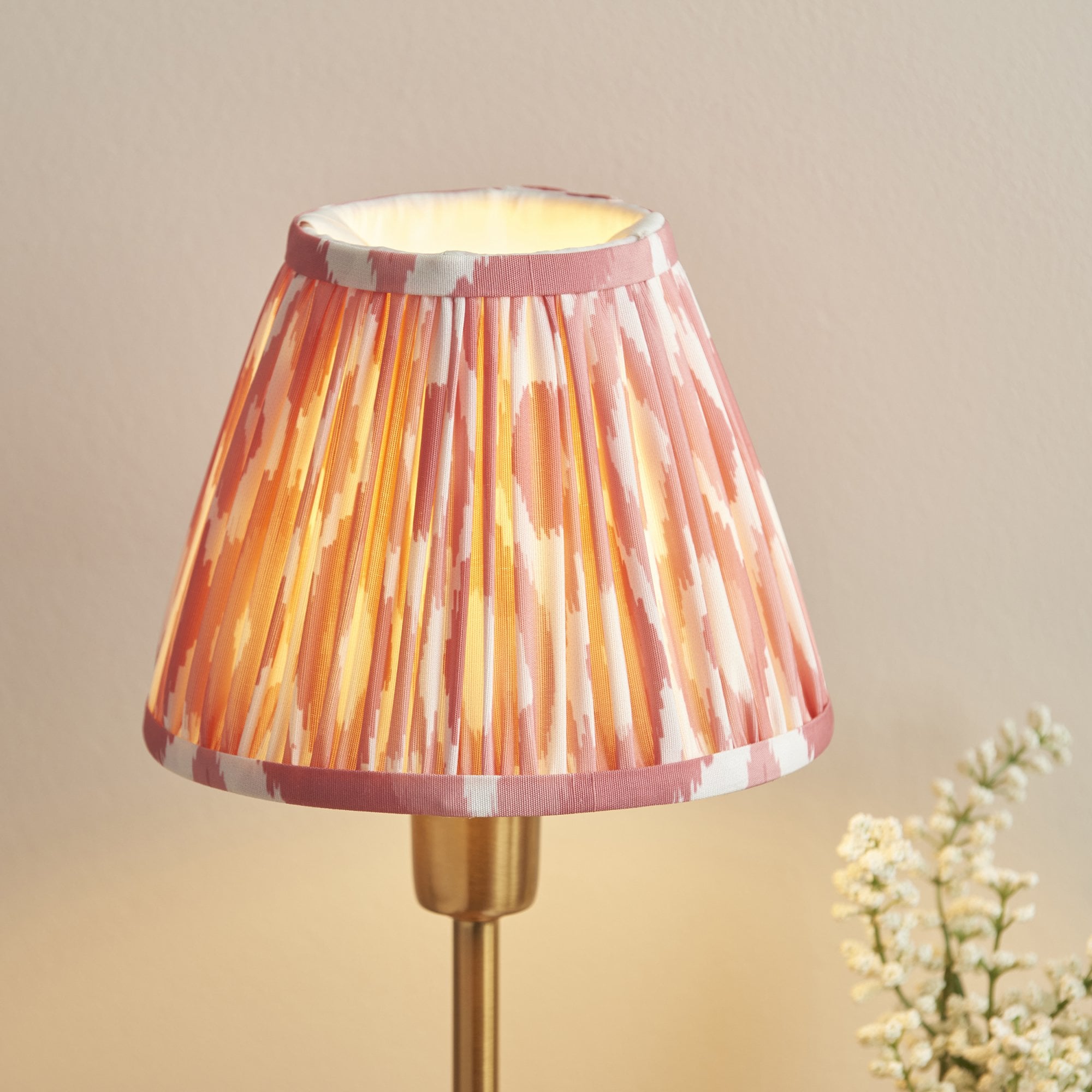 120753 Rise & Ikat 16cm Table Lamp Vintage Brass Finish & Coral Pink Fabric